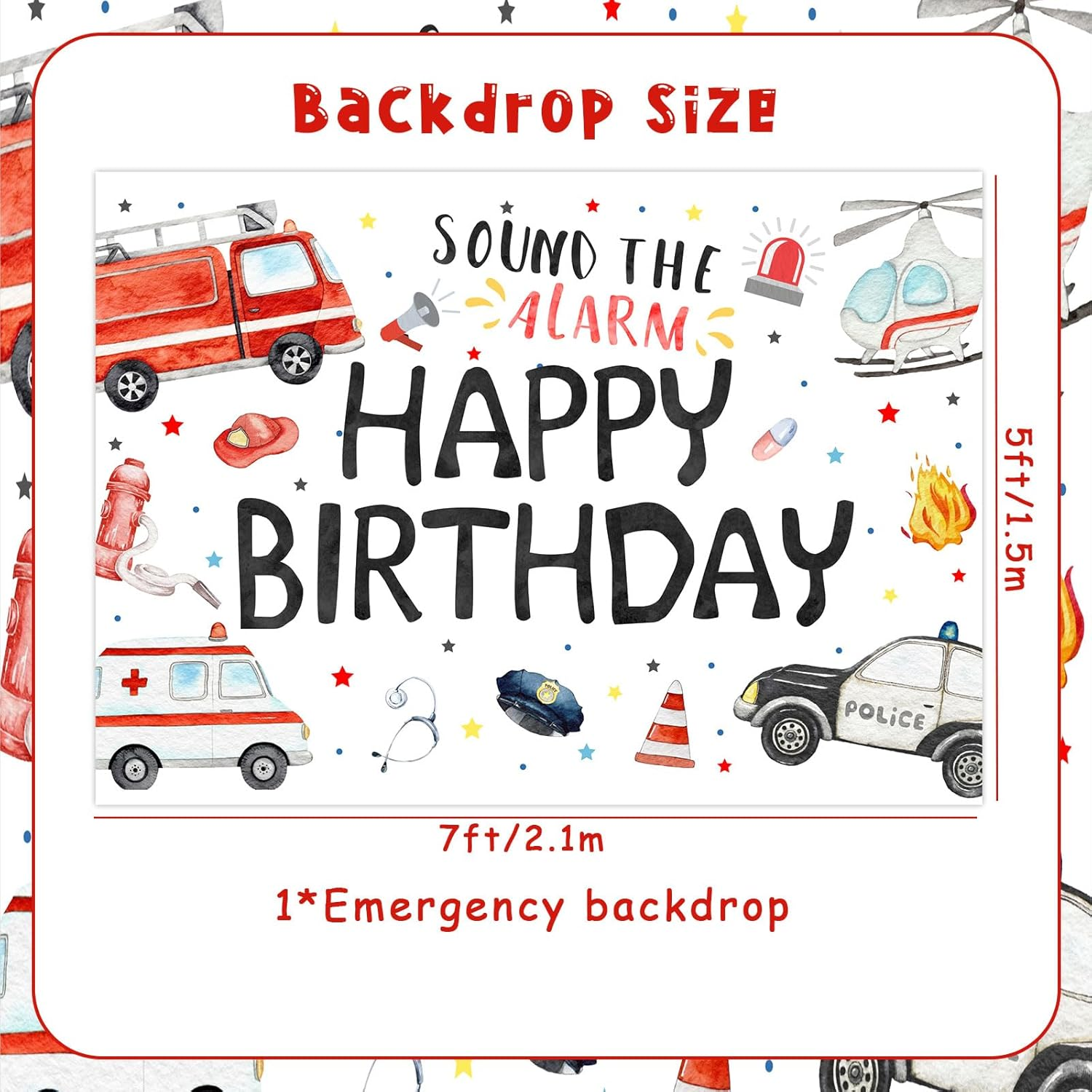 Wonmelody 7 * 5Ft Emergency Birthday Decorations Backdrop Happy Birthday Sound the Alarm Backdrop Banner Rescue Vehicle Birthday Party Supply Team Rescue Backdrop First Responder Transportation Party image number 4
