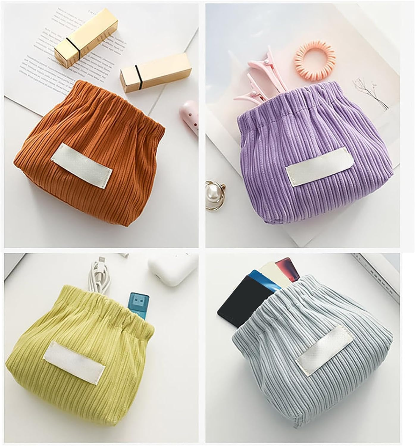 6Pcs Corduroy Elastic Storage Bag, Self-Closing Purse Organizer Pouches, Portable No Zipper Small Makeup Bag, Pocket Travel Storage Bag for Cosmetics Hair Clips Accessories, Small