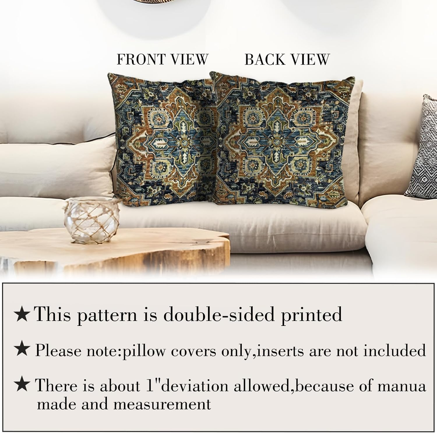 EDTOY Boho Throw Pillow Covers 16X16 Inch Set of 2,Boho Vintage Carpet Pattern Antique Ethnic Decor Double Sided Pattern Cushion Cover Soft Pillow Case Living Sofa Room Bed Square Pillow Cover image number 4