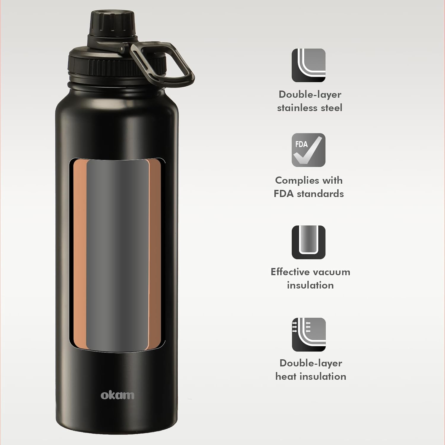 Okam 1L Drink Bottle Leak Proof Tea Infuser Bottle, Black - Stainless Steel Double Layer Vacuum Insulated - Dual Drink Hole, Tea/Fruits Strainer - Handle-For Hot/Cold Water, Tea, Infuser Travel Bottle image number 6