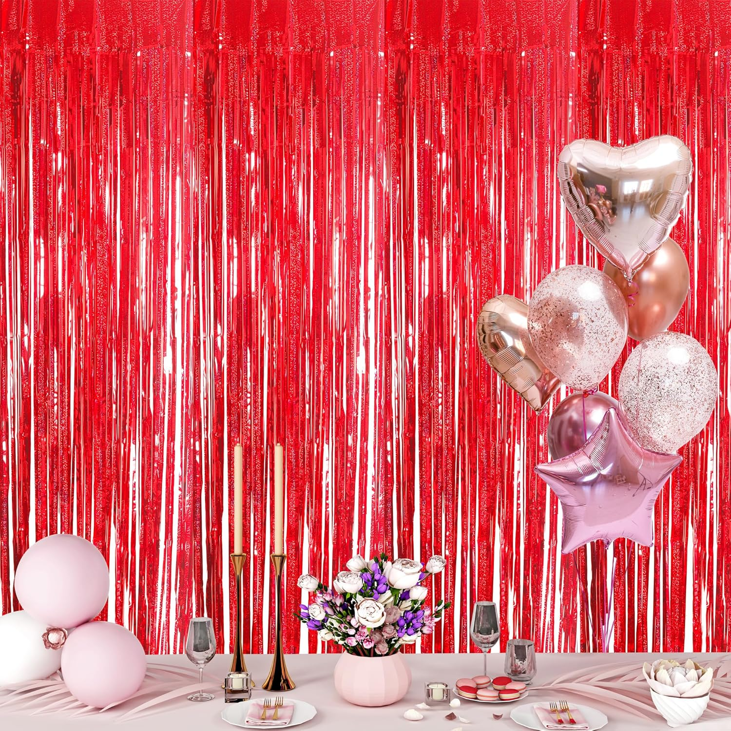 2Pcs 3.2 X 8.3Ft Glitter Red Tinsel Foil Fringe Curtain Door Tinsel Curtain Streamers Party Curtain Photo Banner Decorations for Birthday School Graduation Hen Christmas Party Decorations Red image number 1