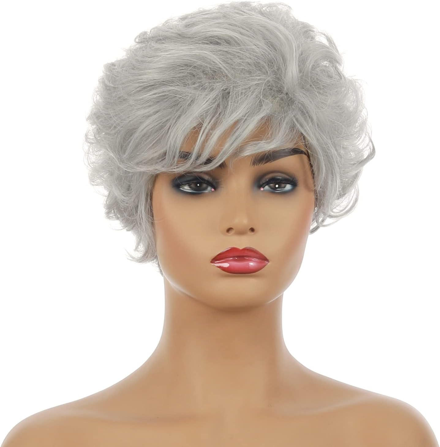 AUBWIG Mixed Silver Grey Short Wigs Natural Light Curly Hair Fluffy Pixie Cut Wigs with Fringe Synthetic Hair Wigs Layered Heat Resistant for Women (Grey) image number 1