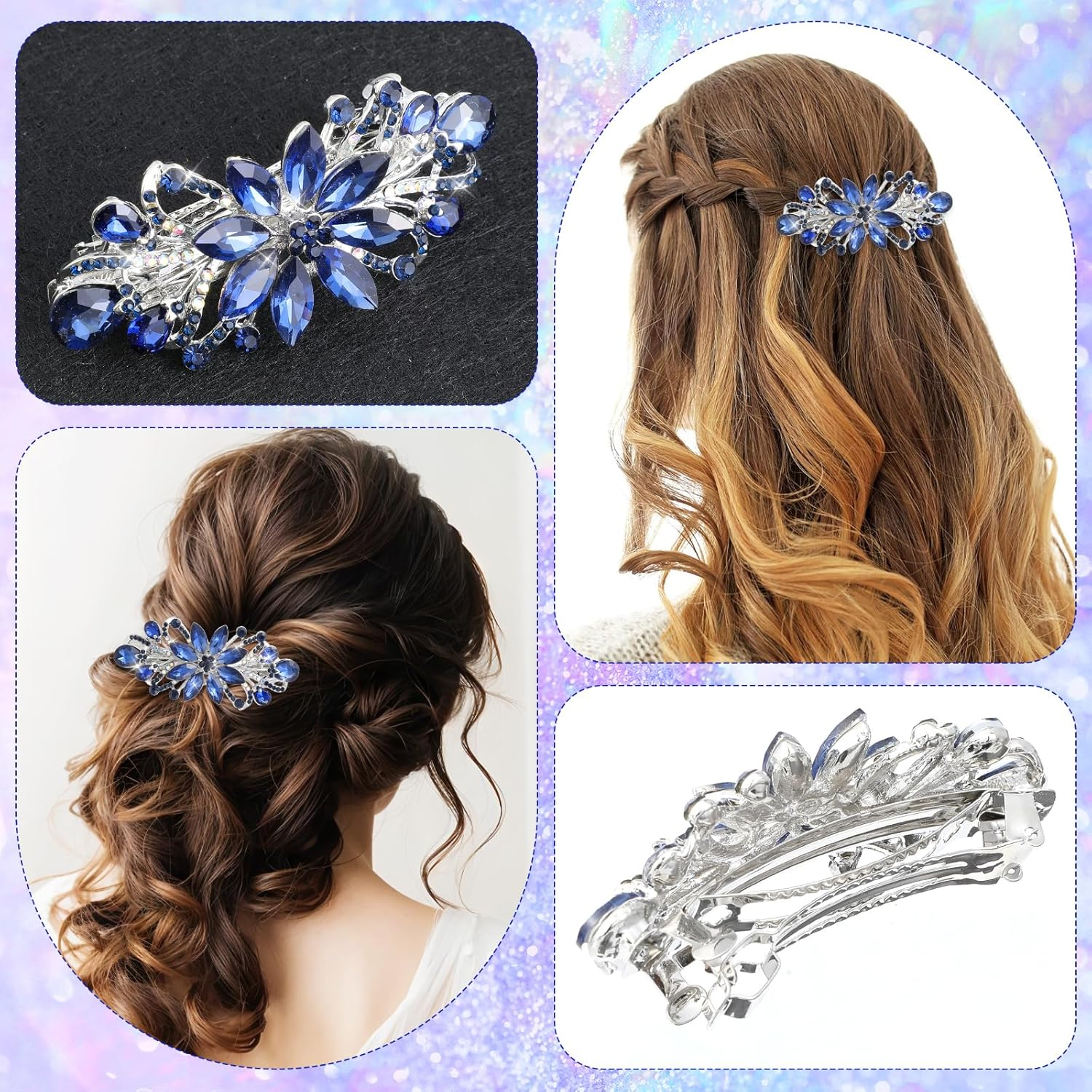 Hair Clip Flower, Vintage Rhinestone Style Barrettes, Blue Crystal Style Hair Clip, Luxury Jewellery Design Hairpin, Metal Spring Hair Clips for Women and Girls image number 1