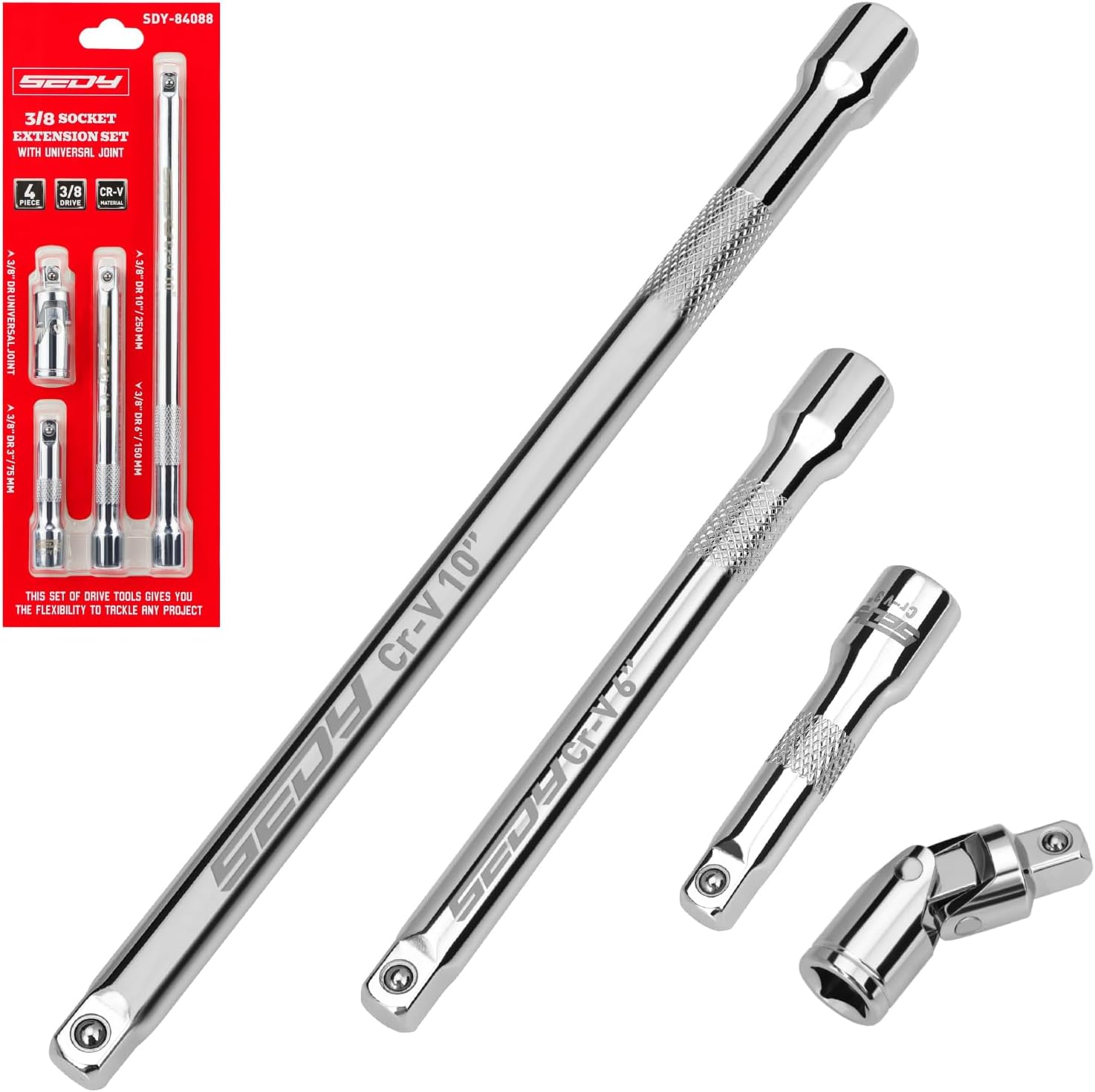 4-Piece 3/8" Drive Socket Extension Bar Set, Professional Socket Extension Set Include 3, 6, and 10 Inch Extensions and 3/8 Inch Drive Universal Joint Sockets, Premium Cr-V Steel Construction image number 3