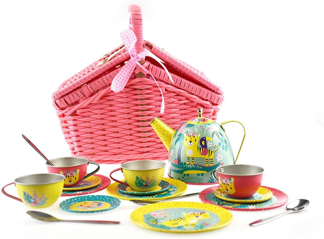 Kaper Kidz TIGER TIN TEA SET in Pink Picnic Basket 18-Piece Set: Perfect Pretend Play Tea Party Fun! image number 4