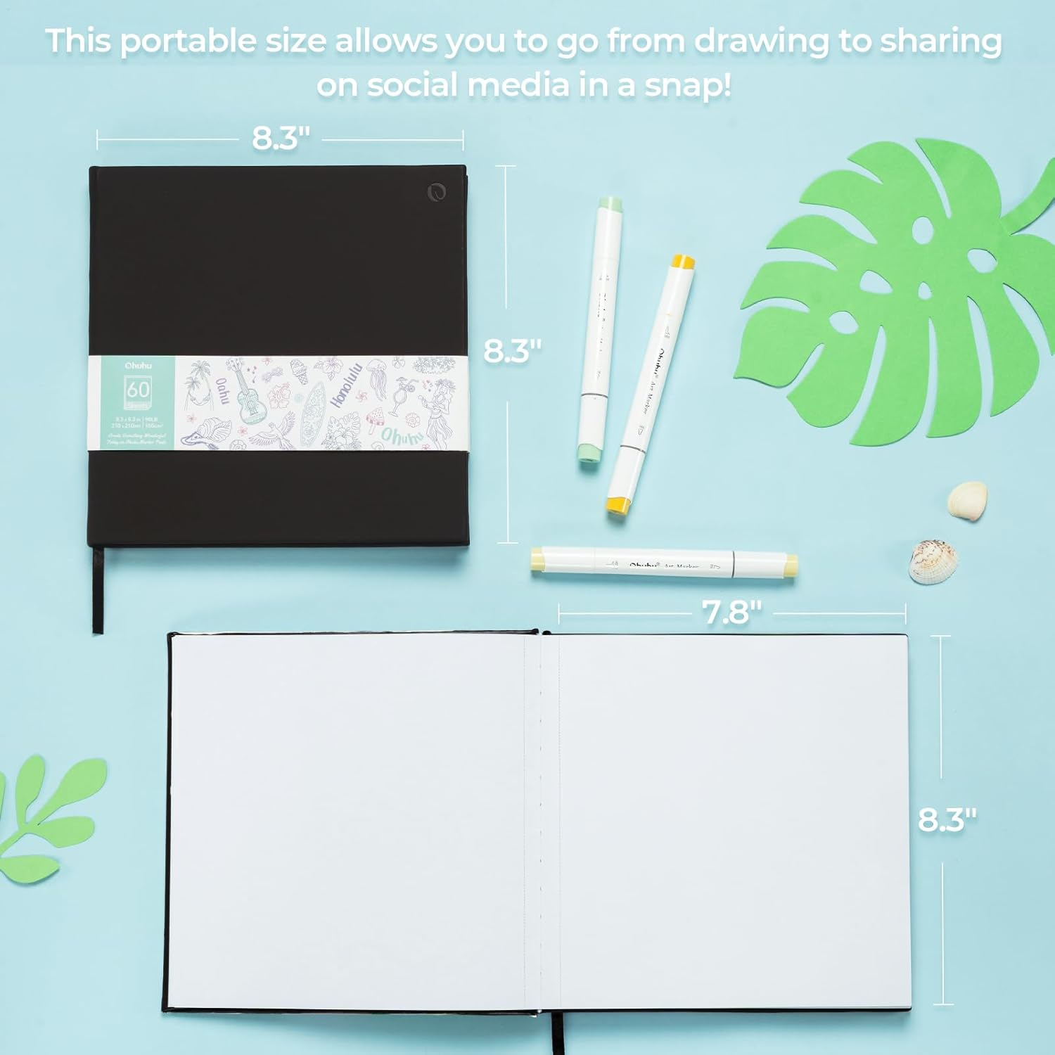 Ohuhu Double Sided Marker Pads Art Sketchbook Bleedproof - 8.3X8.3 Square Art Sketch Book Drawing Papers 60 Sheets/120 Pages 90LB/150GSM Hardcover Sketching Books for Alcohol Marker Painting Coloring