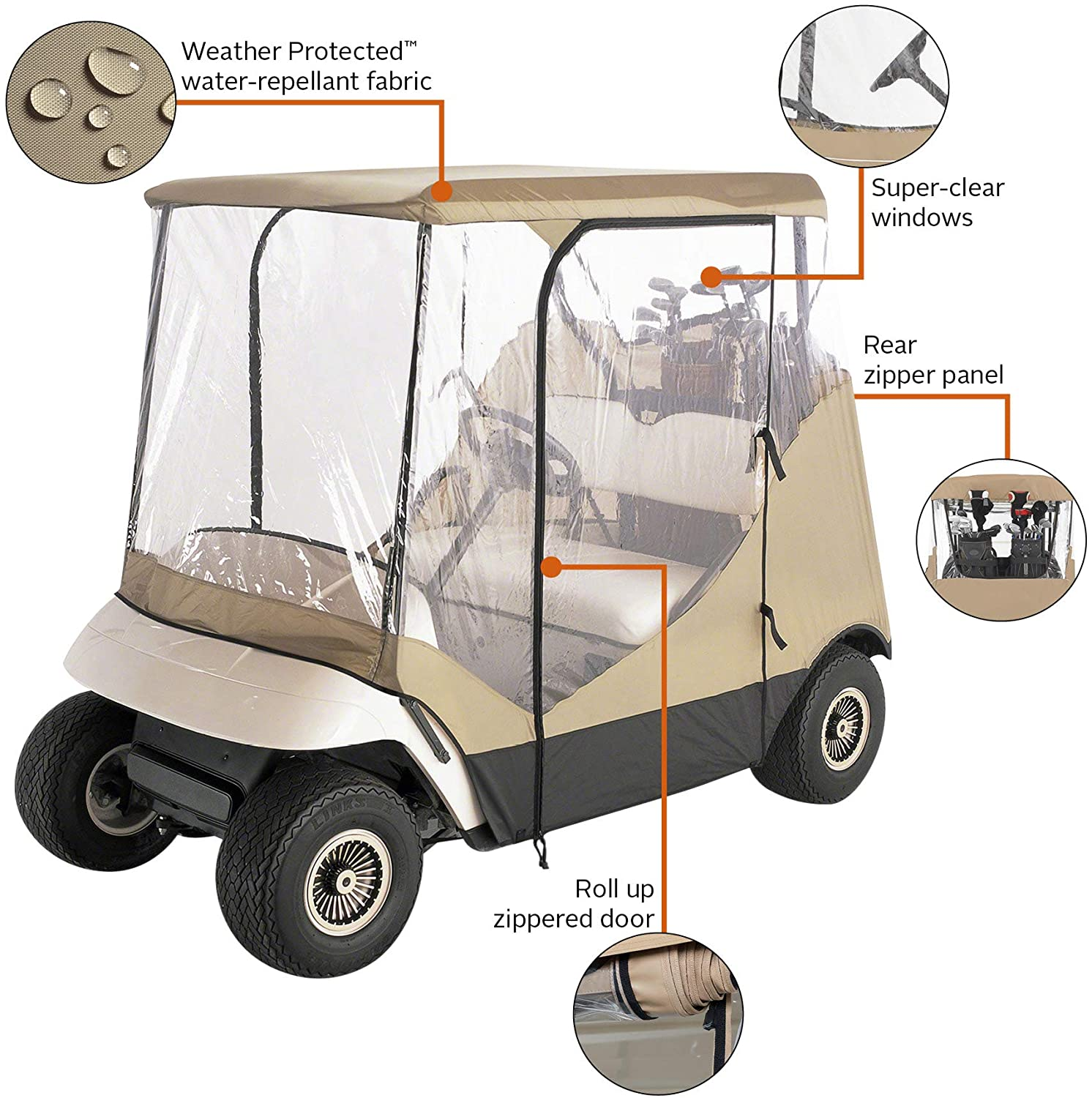 Classic Accessories Fairway Travel 4-Sided 2-Person Golf Cart Enclosure, Tan
