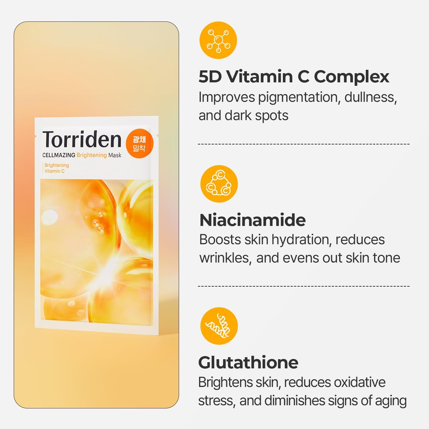 Torriden CELLMAZING Vita C Sheet Mask (10 Sheets) | Extra Glowing Care | Improving Overall Skin Tone and Complextion for a Lasting Radiance | 5D Vitamin C, Niacinamide, Glutathione | Korean Face Mask