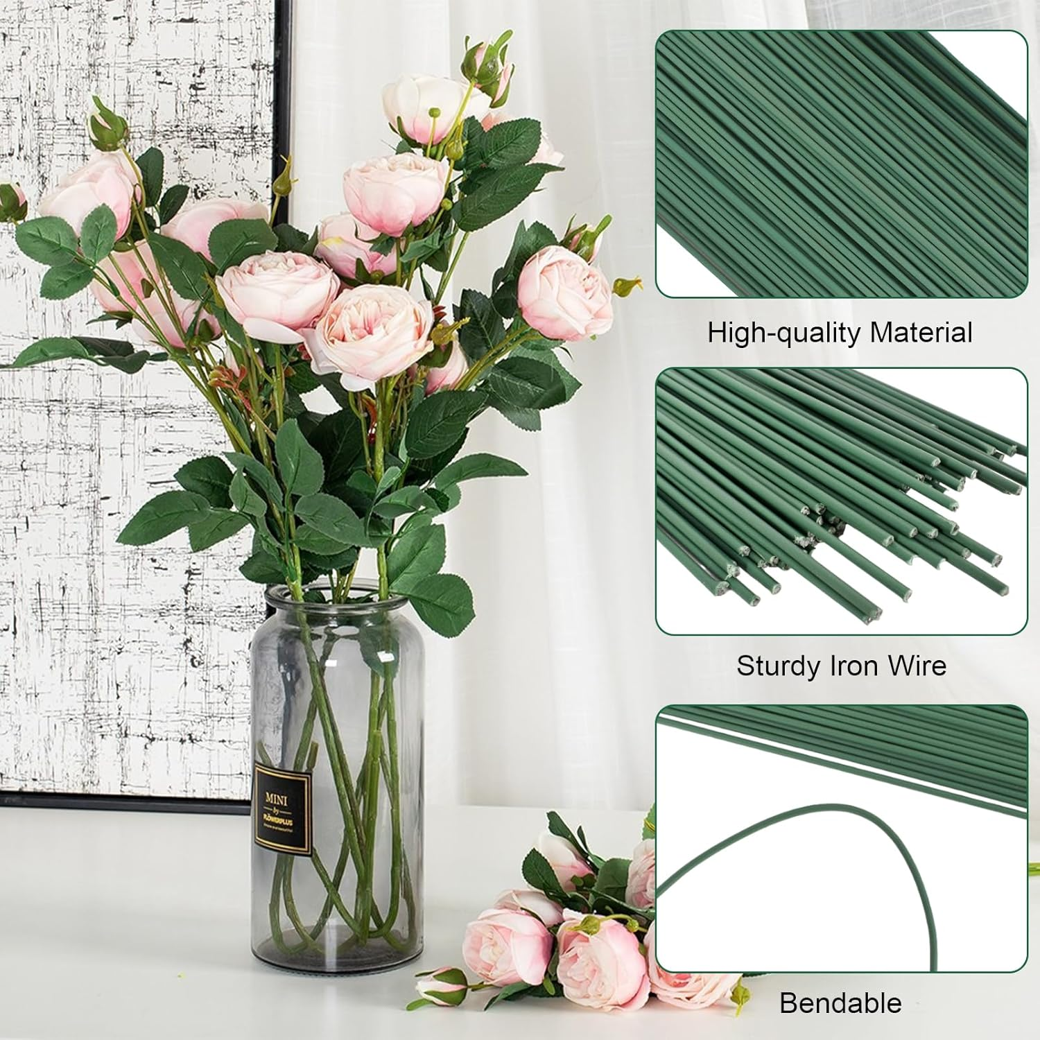 100 Pieces Green Floral Wire Stems, Length 11.8 Inch, Stem Wire Floral Paper Wrapped, Bouquet Wires Craft Floristry Wires Flexible, for Flower Arrangement Florist DIY Bouquet image number 1
