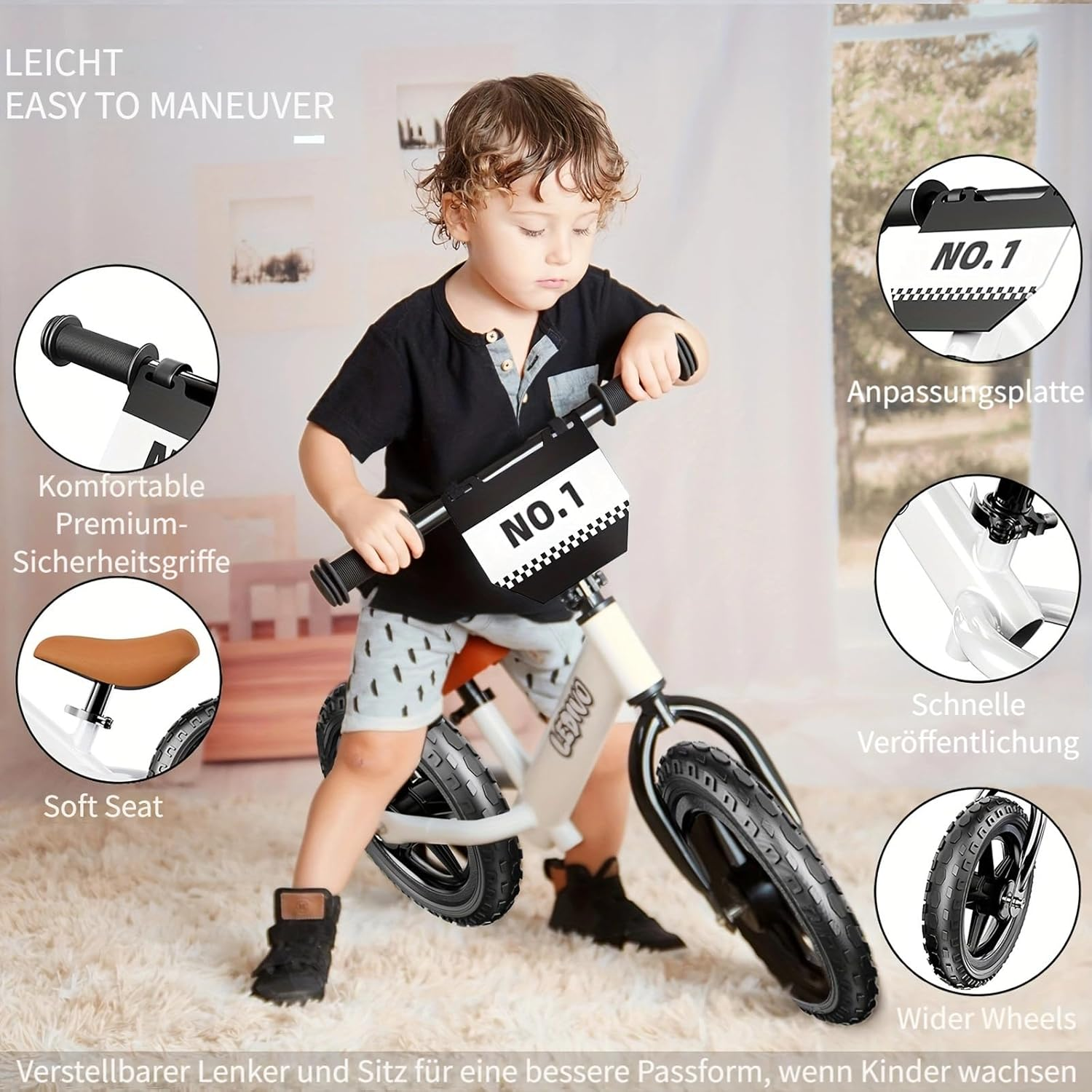 Toddler Balance Bike 2 Year Old, Age 24 Months to 5 Years Old, 12 Inch Push Bicycle with Customize Plate (3 Stickers Included), Steady Balancing, Gift Bike 2-3 Boys Girls image number 3