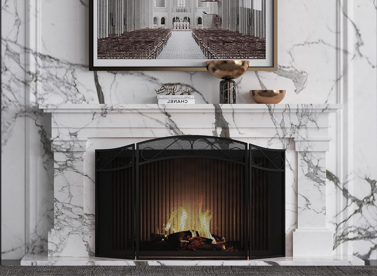 Fire Beauty 3 Panel Iron Fireplace Screen - Black(31In. X 51In.) image number 1