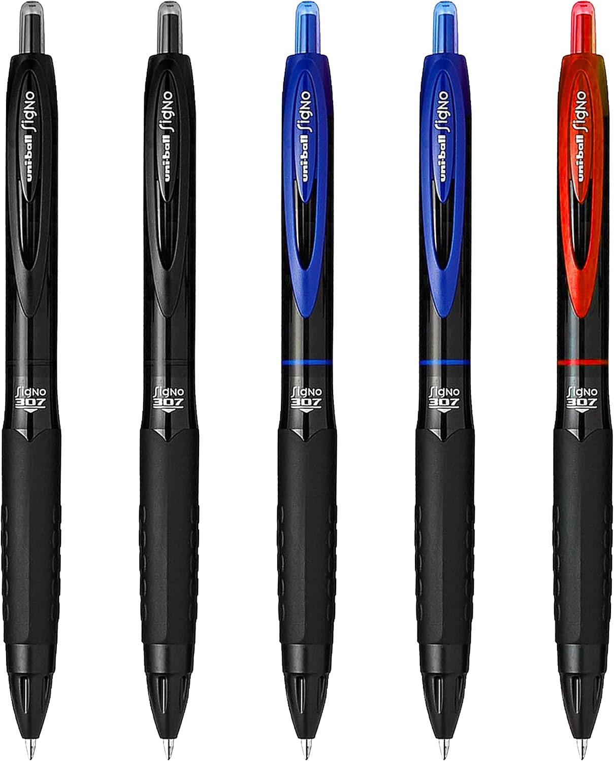 Uni-Ball Signo 307 - Fine Retractable Rollerball Pen - 5 Pack - 2 X Black, 2 X Blue & Red Ink - UMN-307 image number 3