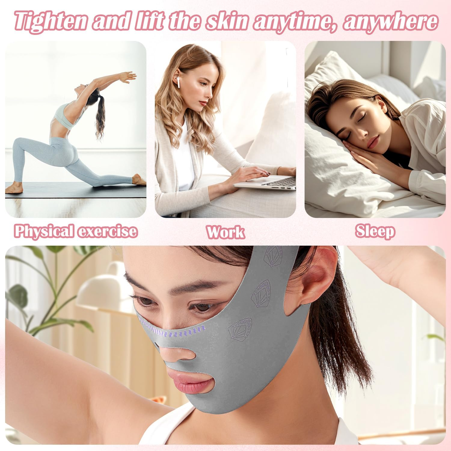 EKIND Reusable Chin Strap for Women Double Chin Reducer Face Lifting Mask Breathable Sleep Belt Elastic Tightening Facial Slimming Wrap (2 Pack, Grey) image number 1