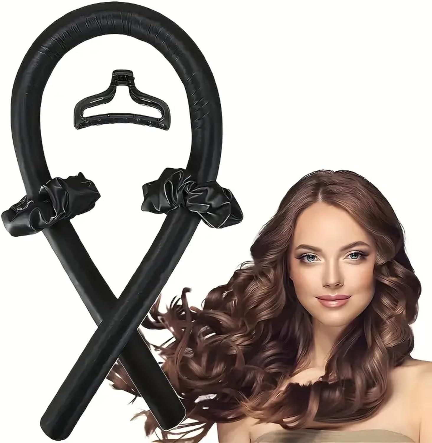 Soft Satin Heatless Hair Curler Set | 1 Curling Rod with 2 Silk Scrunchies & 1 Hair Claw Clip for Effortless Overnight Curls, Heat-Free Styling Tool for All Hair Types (Black, One Size) image number 1