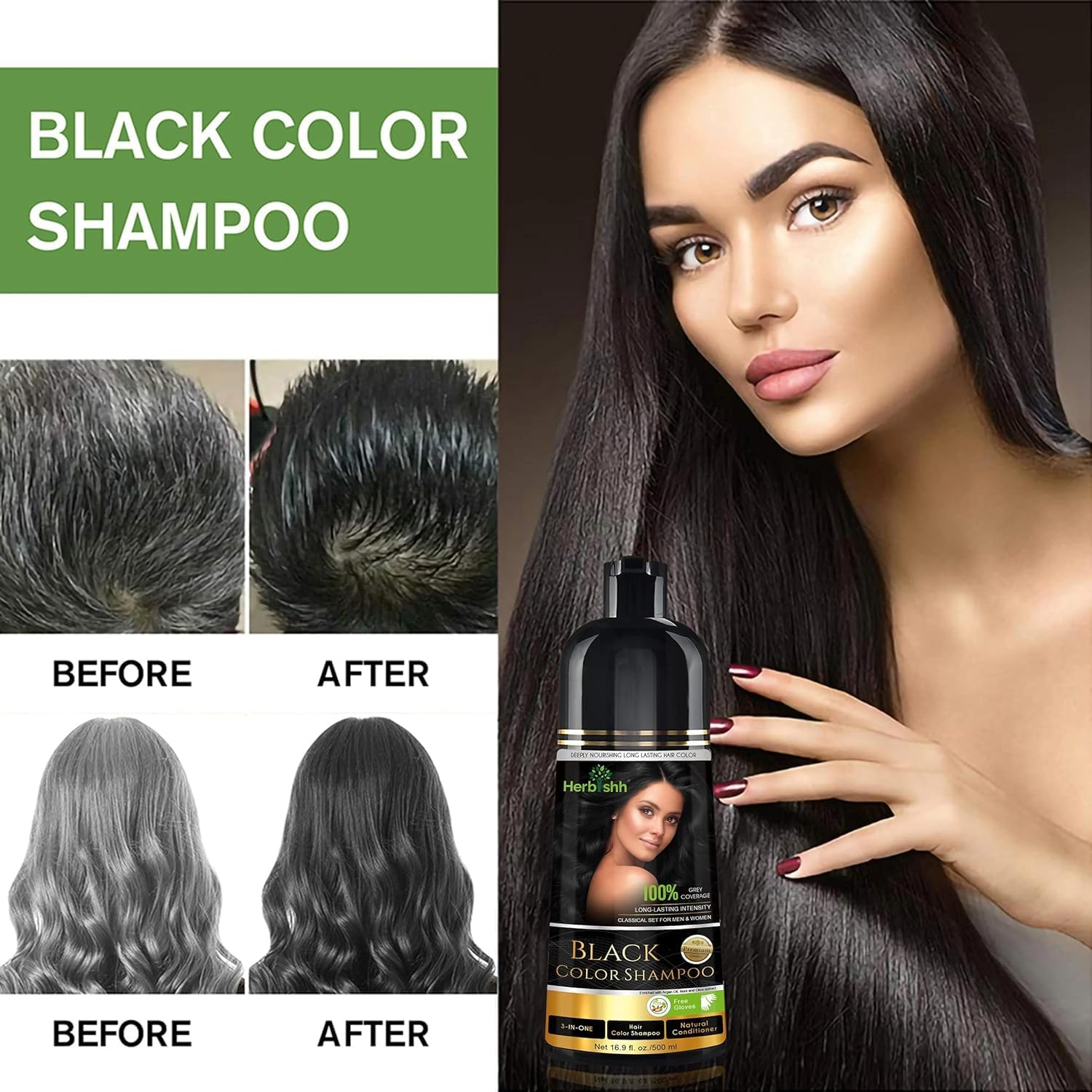 Herbishh Hair Color Shampoo for Grey Hair 500Ml + Argan Hair Mask for Dry or Damaged Hair | Hair Dye | Cover Grey Hair for Men and Women (Black, 500ML+HMASK150) image number 7