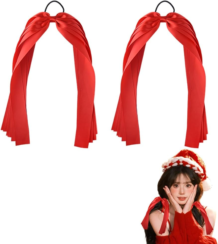 Christmas Hair Ribbon Bow Tie Christmas Hair Accessories for Women Elastic Red Bow Hair Ties Silk Long Hair Scrunchies Ties with Bow Satin Christmas Ponytail Holder 2PCS Ribbon Hair Tie Bows image number 2