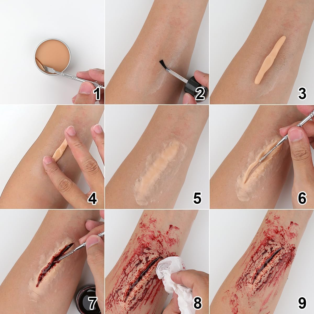 Bowitzki Halloween SFX Makeup Kit Special Effect Makeup,Liquid Latex+Scab Blood+Spray Blood+6 Colors Oil Based Face Paint+Sfx Bruise Wheel+Skin Wax+Stipple Sponges+Latex Free Sponges+Spatula+Brushes image number 6