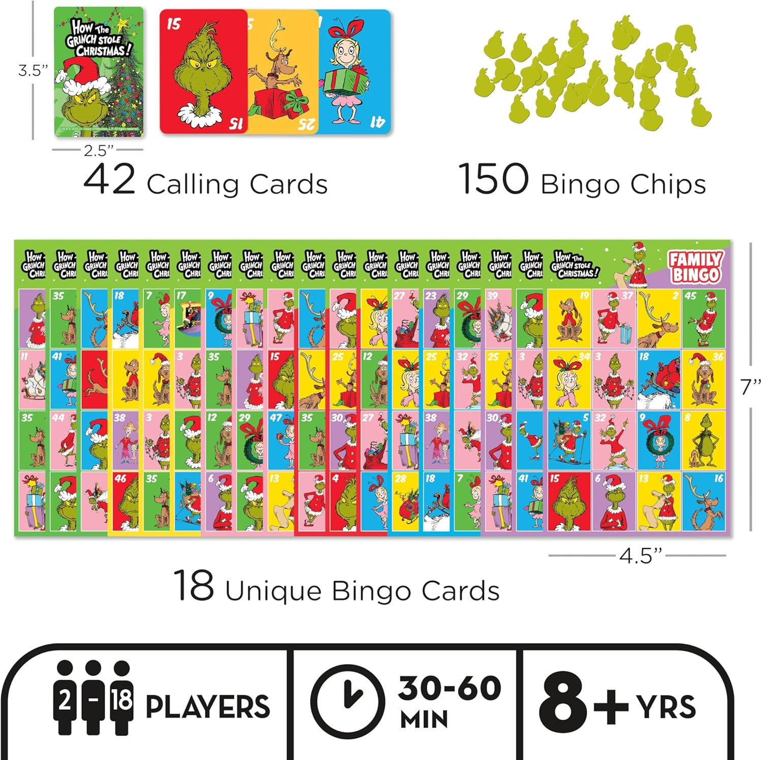 Aquarius the Grinch Family Bingo Card Game, Christmas Themed Fun for Kids and Adults, 18 Bingo Cards, Learning and Developmental Benefits, Ages 8+, 2-4 Players, Family Entertainment Game image number 5