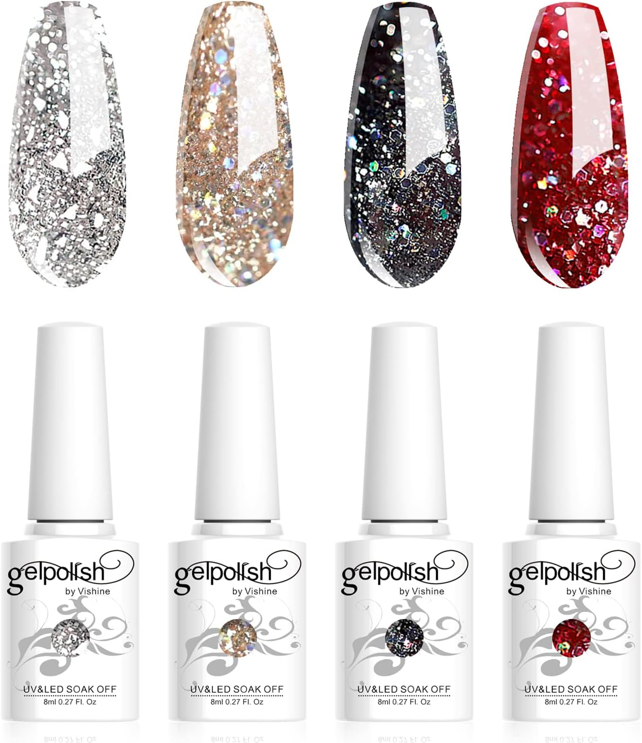 Vishine Glitter Gel Nail Polish Set - 4PCS 8Ml Sparkle Red Black Gold Silver Shinning Colors UV LED Soak off Gel Polish Collection Long-Lasting Salon DIY Manicure 8Ml C020 image number 1