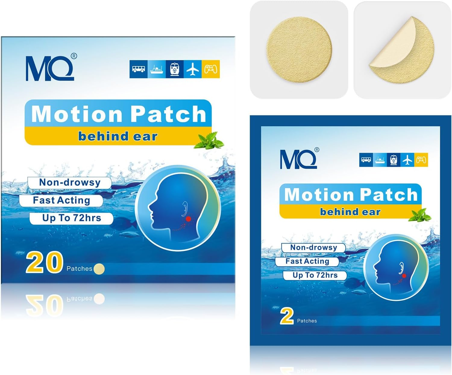 MQ 20Ct Motion Sickness Patches, Light Color, Sea Sickness Patches Non Drowsy & Waterproof, Cruise Ship Travel Essentials, Fast Acting & Long Lasting 72H