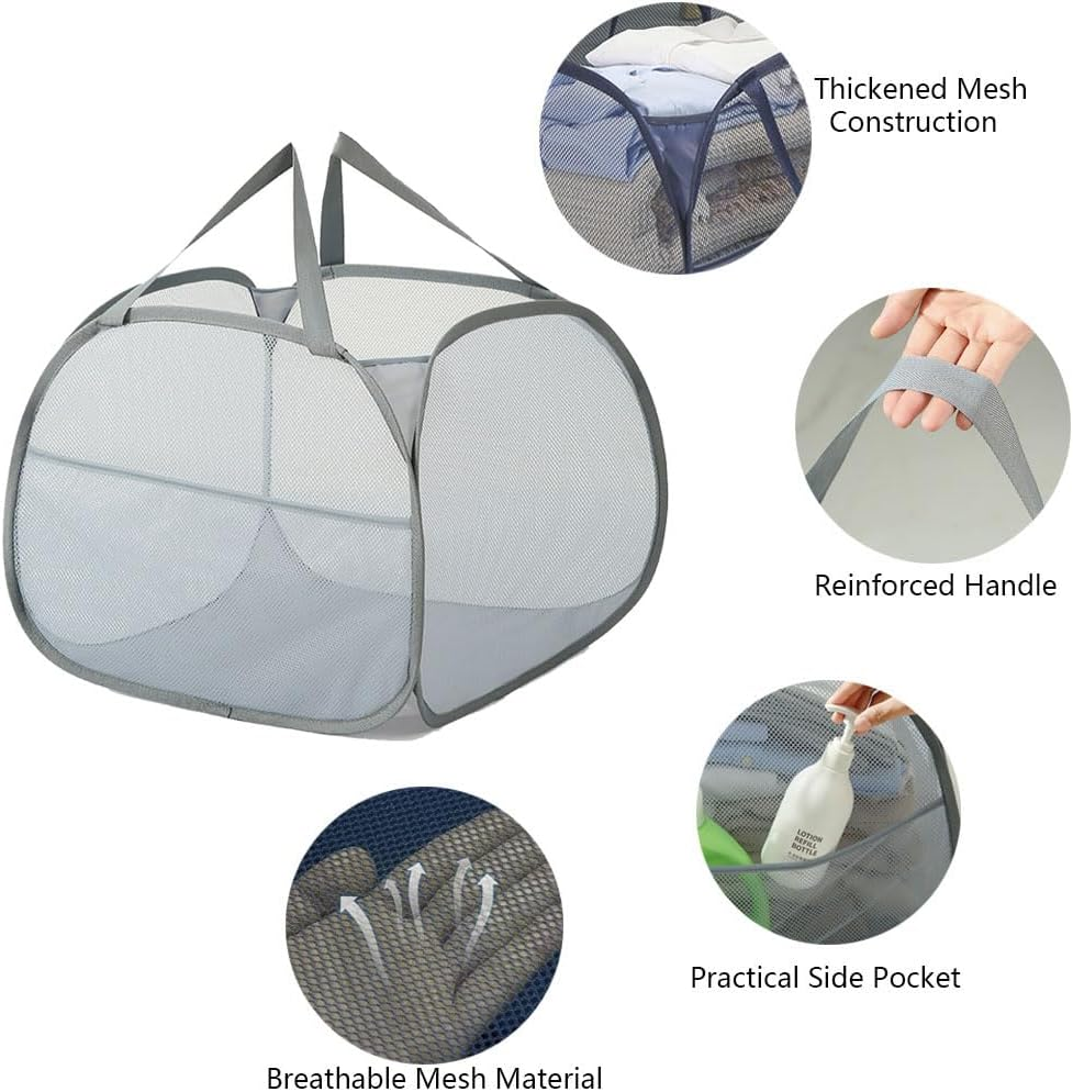 Vekol Thickened Laundry Basket Collapsible Laundry Hamper Large 90L Mesh Laundry Hamper Foldable Laundry Basket with Side Pocket for Laundry Room, Bathroom, Kids Room (Grey) image number 2