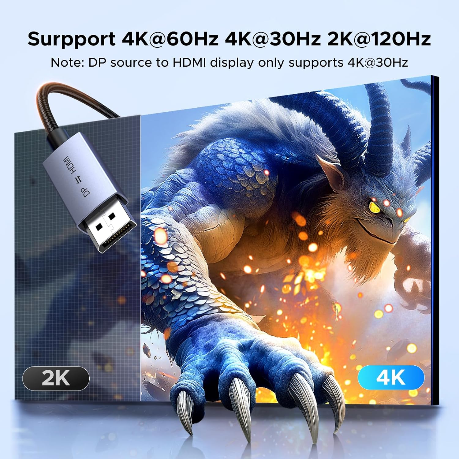 UGREEN Bi-Directional HDMI to Displayport Cable 2M 4K@60Hz 2K@144Hz 1080P@240/120Hz Active DP HDMI HDR HDCP Adapter Compatible with PS5 PS4 Xbox Switch Laptop PC DVD Player TV Box Graphic Card Monitor image number 6