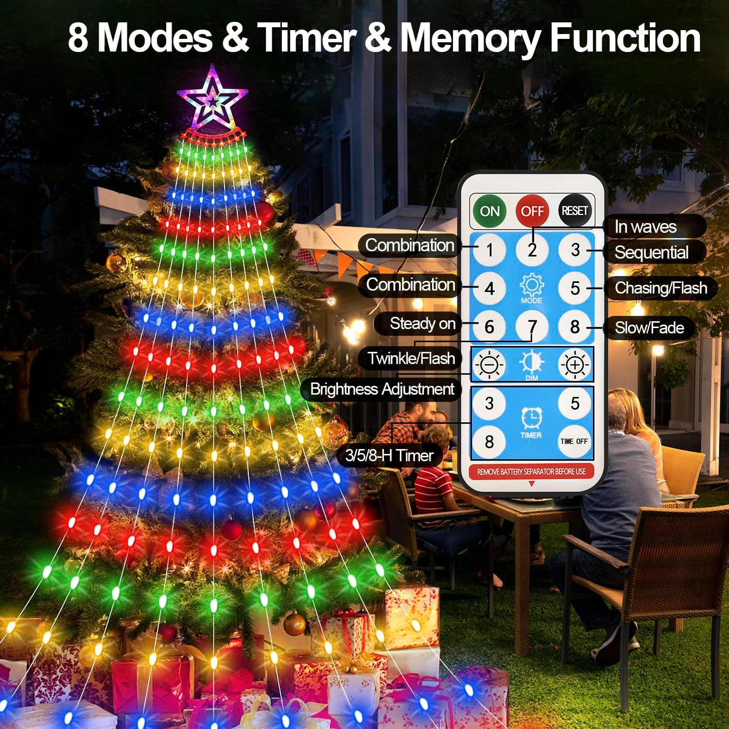 HELESIN Solar Outdoor Christmas Lights, 3.5M 350Leds Christmas Decoration Waterfall String Lights Outdoor, 8 Modes Waterproof Tree Toppers Fairy Light with Timer for Xmas New Year(Multicolor) image number 4