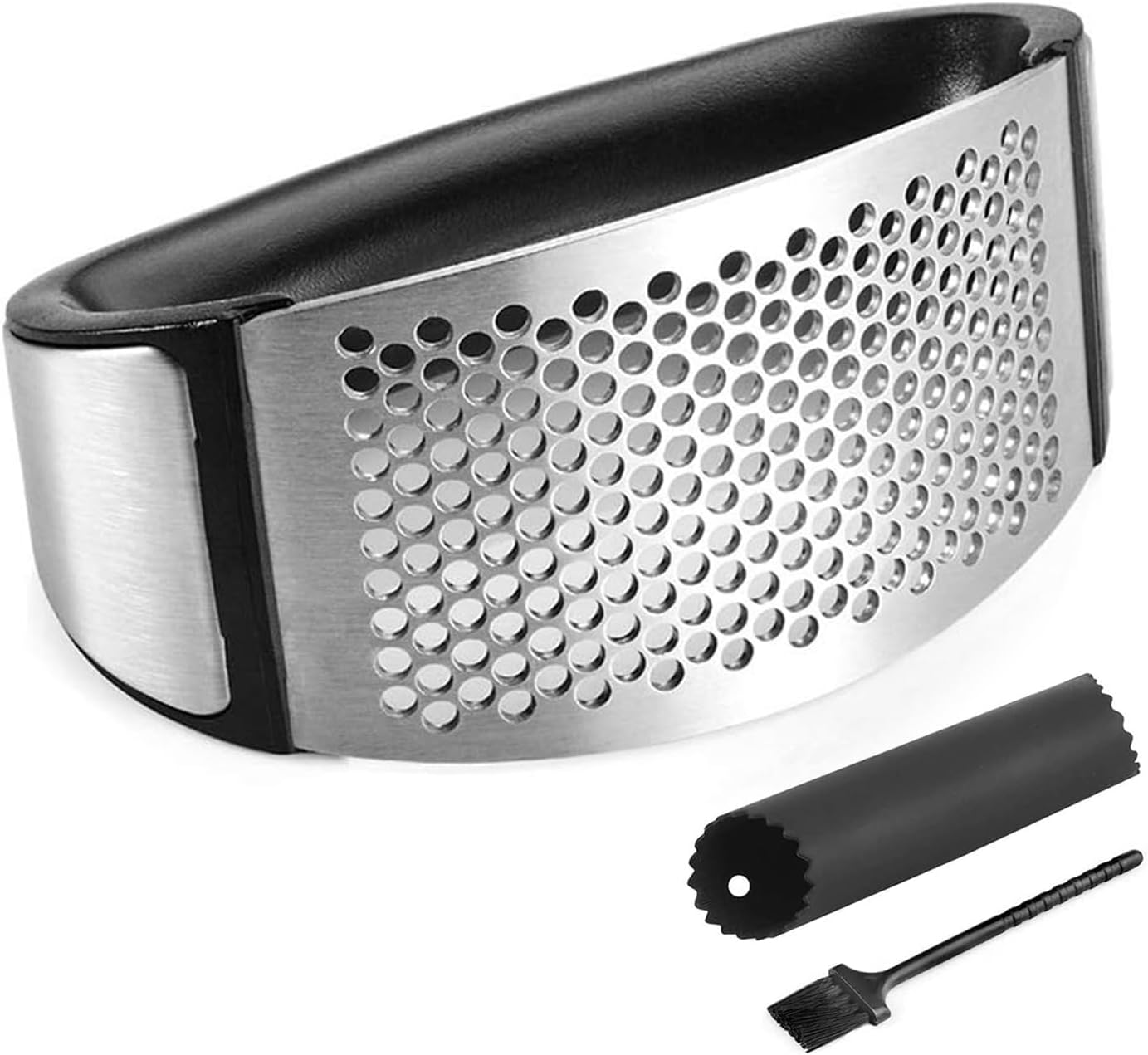 Garlic Press Rocker, Stainless Steel Garlic Masher and Garlic Crusher with Silicone Tube Set with Peeler and Cleaning Brush,Professional Kitchen Gadgets Garlic Chopper for Smashing Garlic image number 1