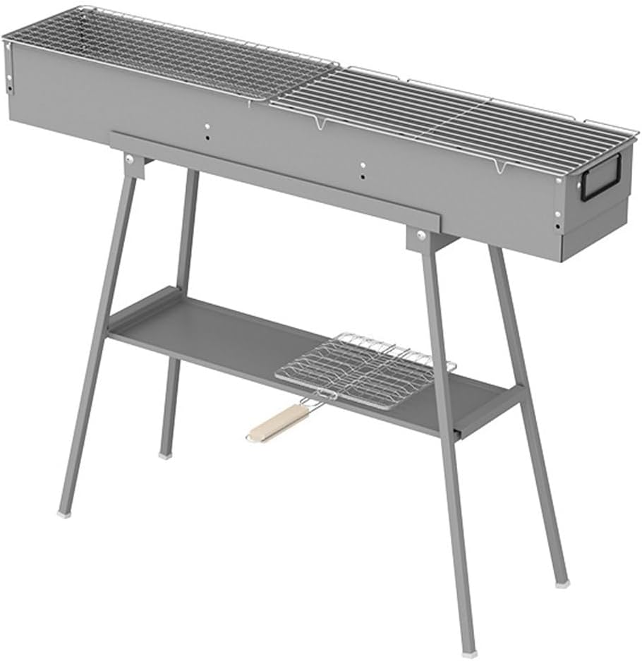 ALSTON Portable Charcoal Grill Rectangular Folding Stainless Steel BBQ Grill L100Xw18Cm for Skewer and Kebabs with Storage Shelf Outdoor Camping Patio Cooking image number 1