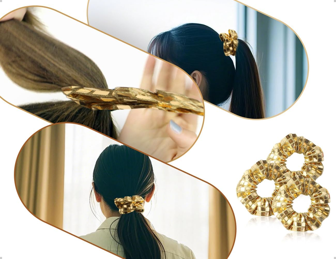 Emezddo Pack of 3 Hair Bobbles, Sequin Ponytail Scrunchies, Glitter Elastic Hair Accessories, Used for Women Girls Sports Disco Carnival Theme Party Birthday (Gold)