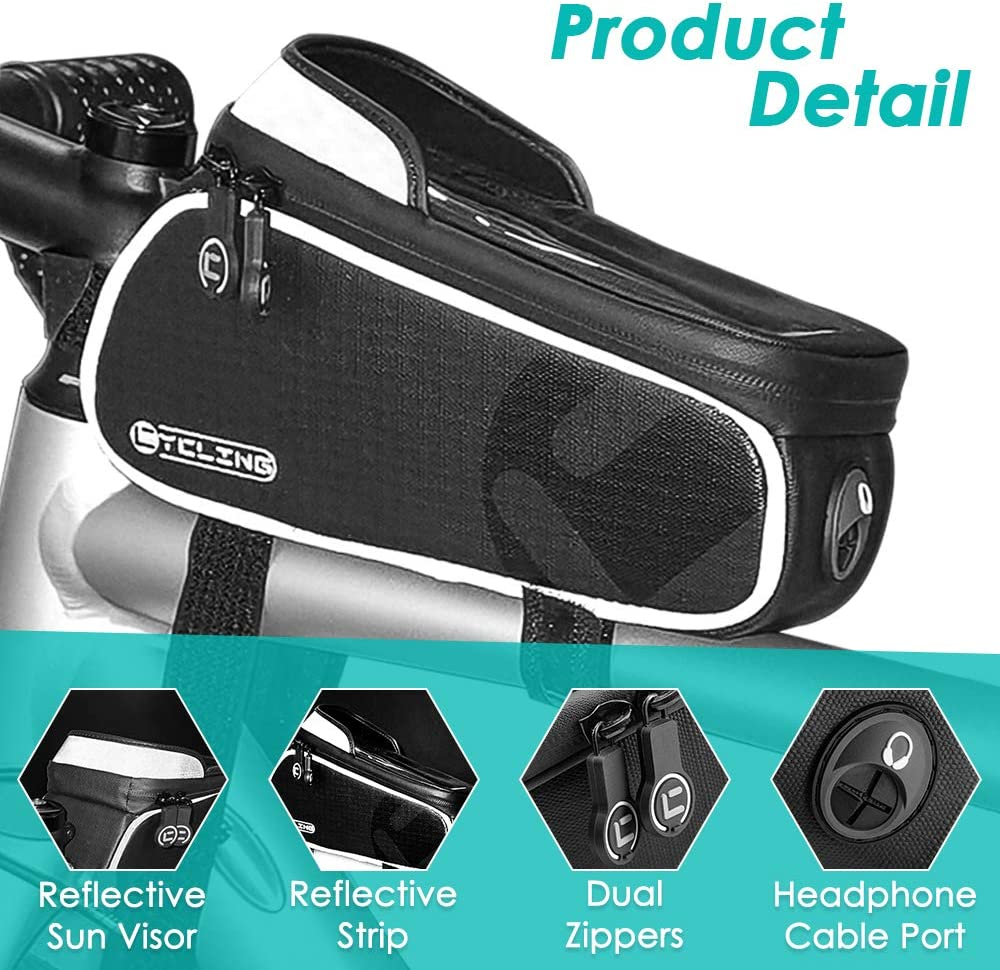 WOTOW Bike Frame Bag with Phone Holder, Waterproof Bicycle Front Top Tube Pouch Bike Phone Mount Pack Cycling Handlebar Bag with TPU Touch Screen Sun Visor and Headphone Hole for Smart Phone up to 6.5 image number 6
