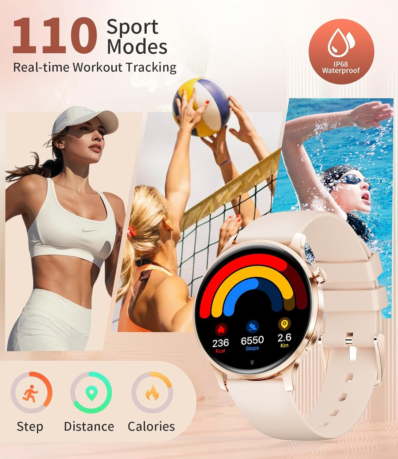 Smart Watch for Women Men (Make/Answer Call), 1.32" AMOLED Display Elegant Smartwatch Ladies with 2 Straps, 100+ Sports Modes, Health Tracking, IP68 Waterproof, Digital Watch for Android Ios image number 3