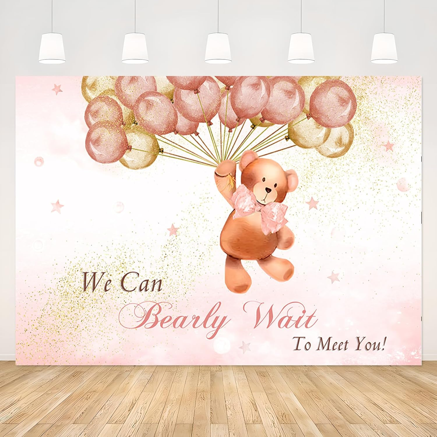 APROPHIC Bear Boy Baby Bathing Background We Can Look Forward to Meeting You Pink Balloon Gold Glitter Photo Background Party Banner Cake Table Decoration Photo Stand Accessories 210 X 150 Cm