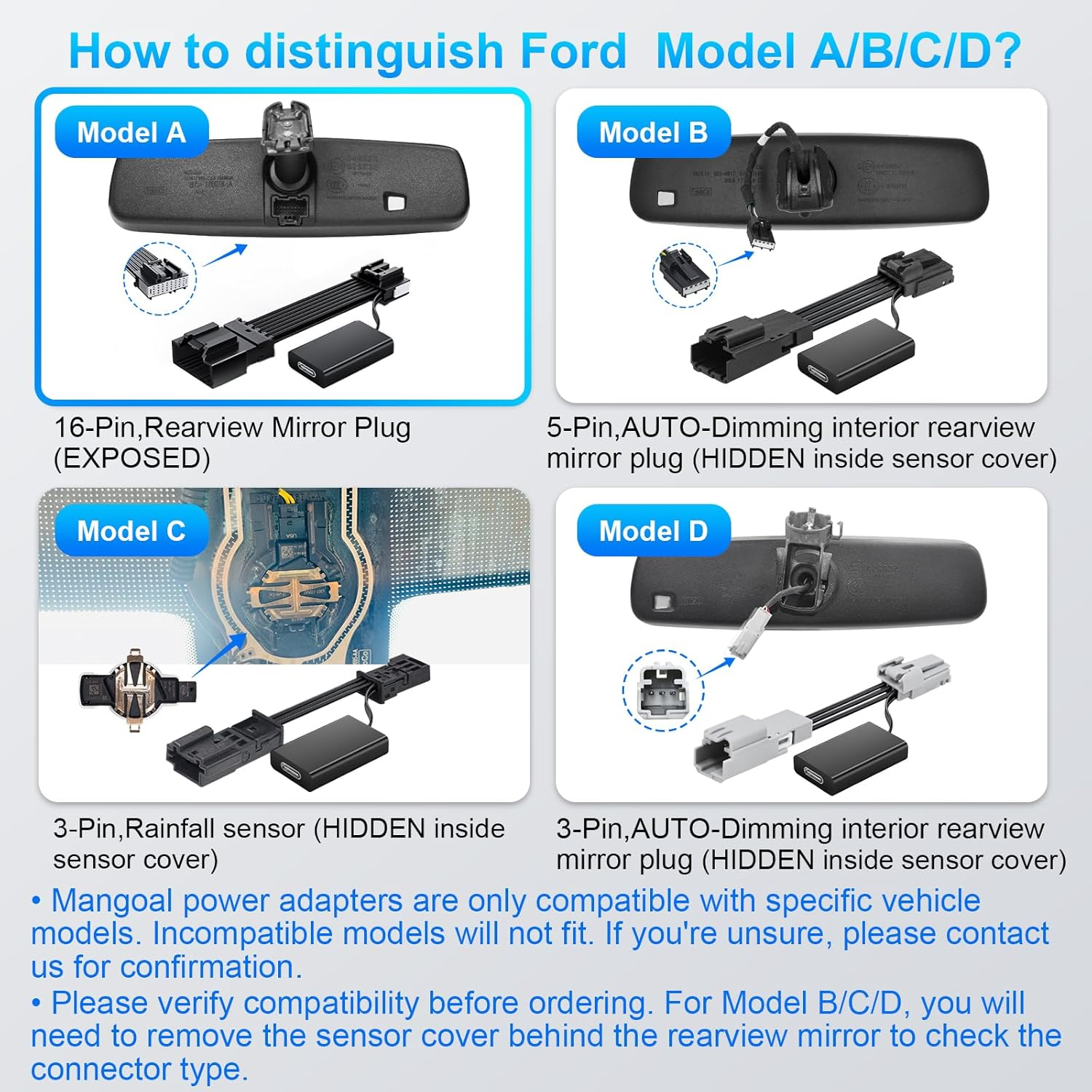 Dashcam Power Adapter Ford 16 Pin (Model A) Fit for Mazda, Ford F150/F250/F350 Explorer Bronco Etc,Hide the Wires,Gps Radar Mirror Camera Dash Cam Adapte,Connects to Rearview Mirror(Exposed) image number 4