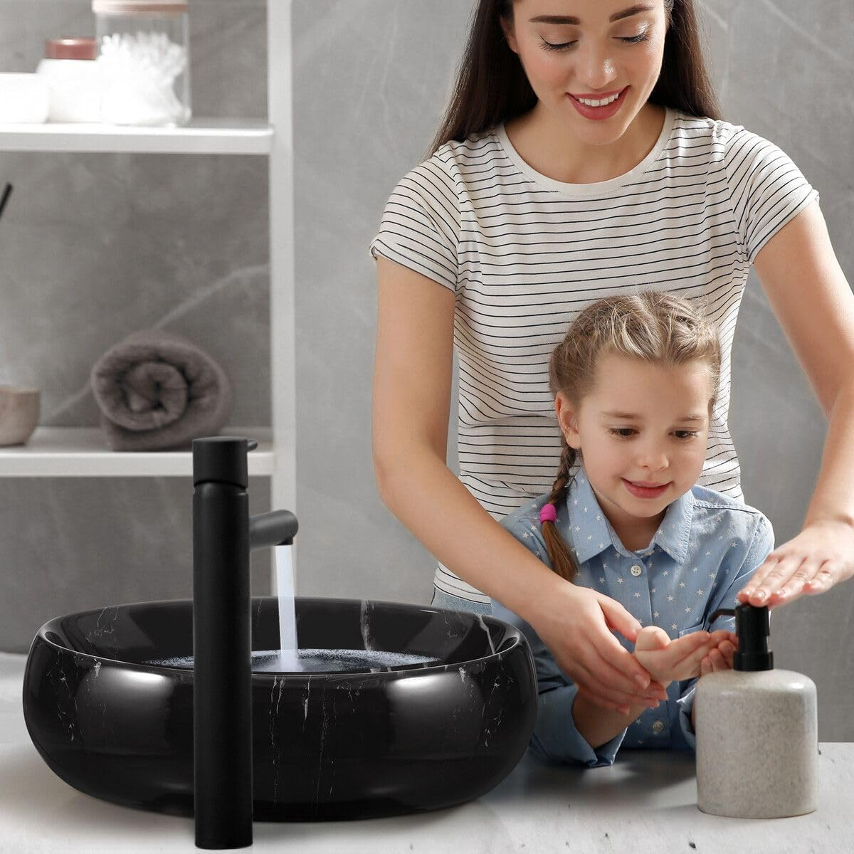 Luxsuite Bathroom Sink Vanity Basin Bath Vessel above Counter Oval Hand Wash Bowl Ceramic Sink Countertop Black Marbled image number 3
