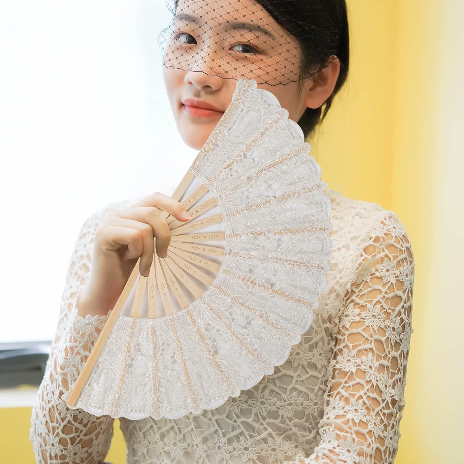 Choyaxo Cotton Lace Folding Hand Fans Embroidered Flowers Pattern Handheld Fans for Costume Weddings Dancing Party DIY Bridal Hand Fan (Beige) image number 6