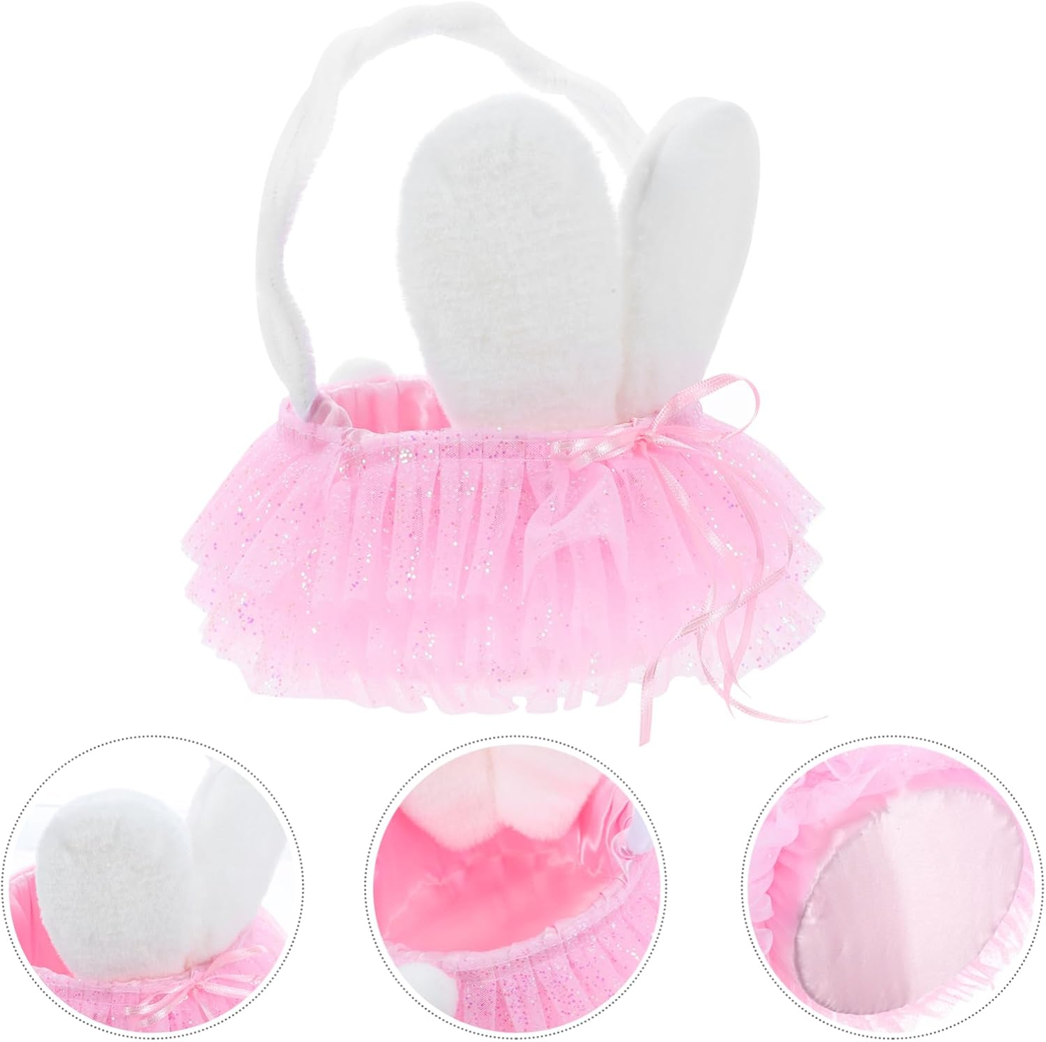JOINPAYA Tutu Easter Bunny Ears Basket: Ruffled Shining Tulle with Fluffy Bunny Ears Basket with Handle for Girls Boys Party Favors Easter Basket Fillers Easter Eggs Hunt Easter Decorations image number 3