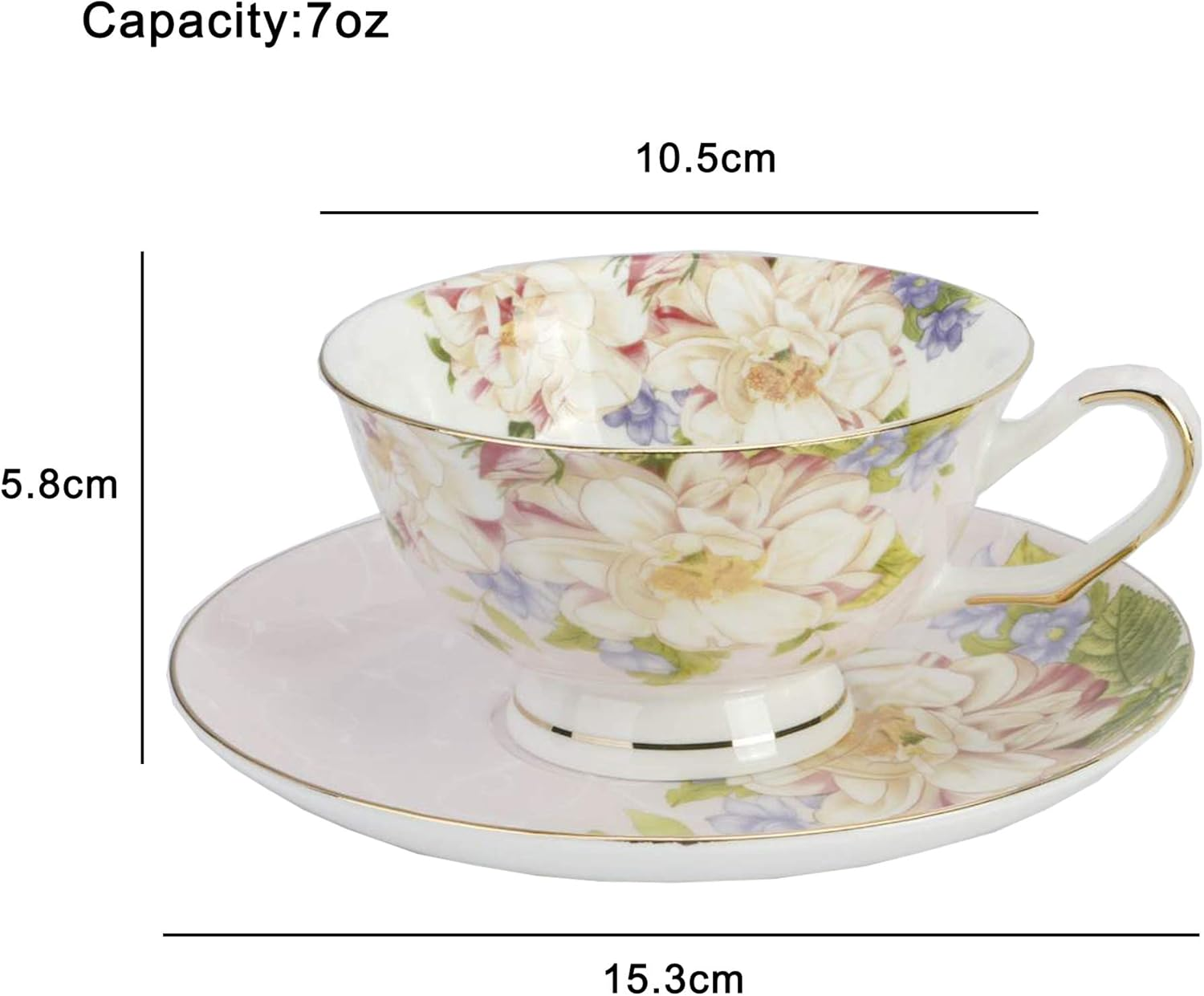 Jinglory Tea Cups,Floral Tea Cups and Saucers Set with Spoon,Bone China Tea Set,Coffee Cups,Tea Sets for Adults/Women/Men/Friends Tableware 10.5X5.8 Pink - Blue image number 4
