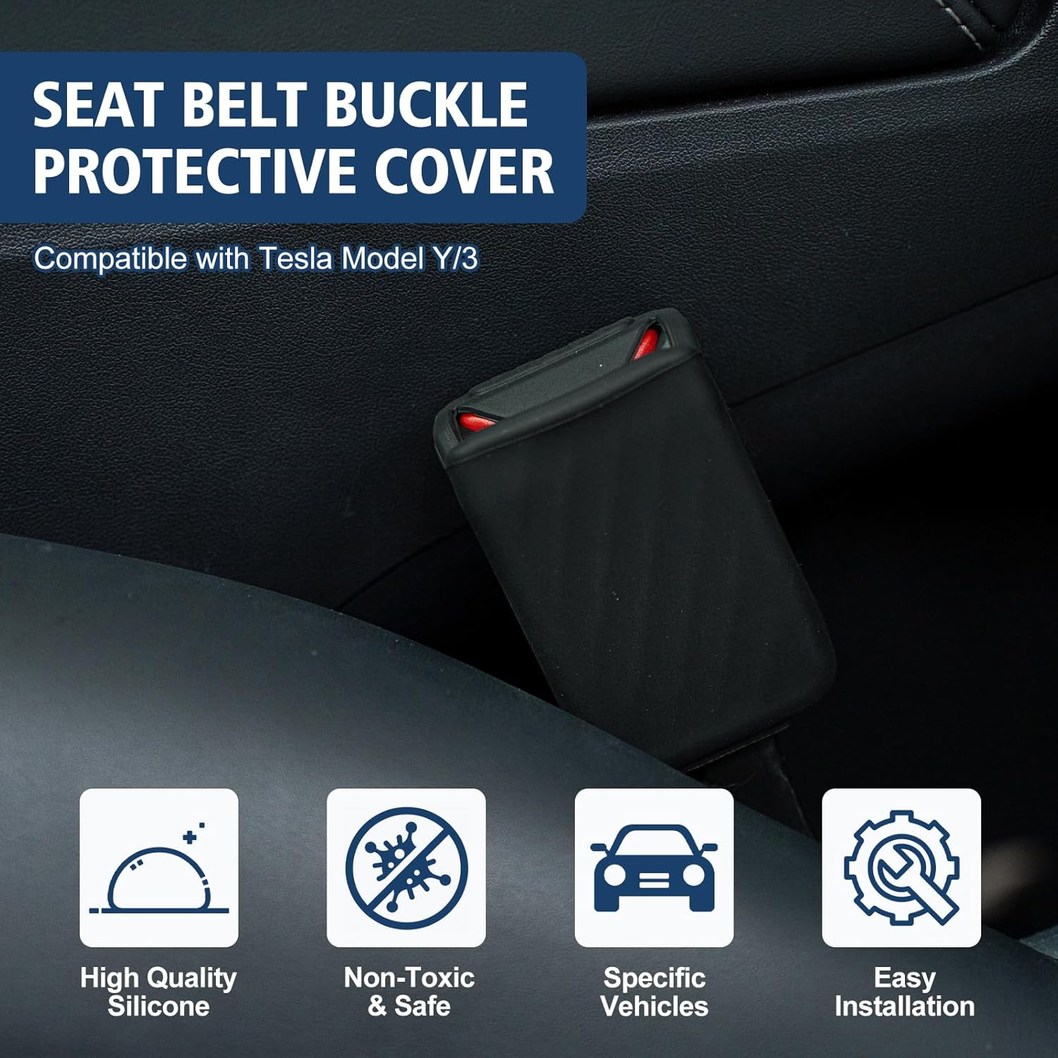 Rislobx Seat Belt Buckle Cover Fit for Tesla Model 3 Model Y, 2PCS Silicone Seatbelt Buckle Holder Seat Belt Lock Button Protector Car Interior Accessories (Black) image number 1