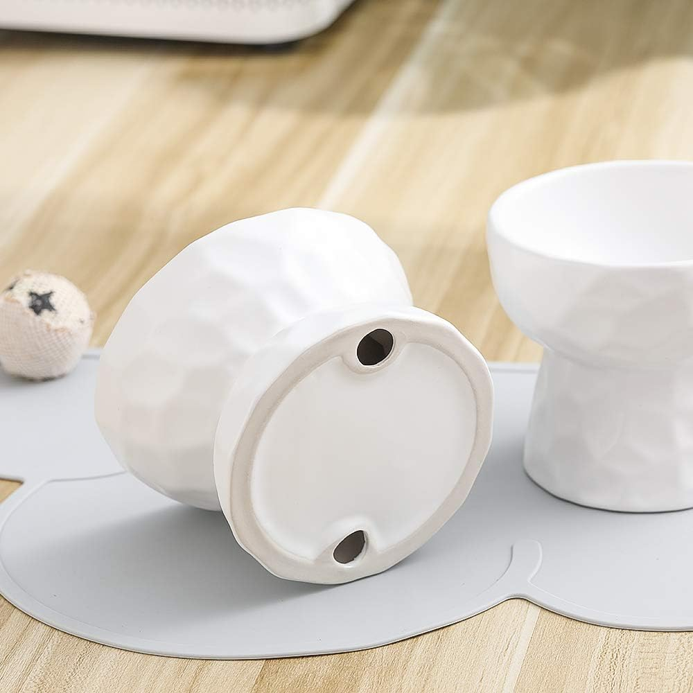 White Ceramic Cat Food and Water Bowl Set,Cat Food Dish with Stand,Elevated Cat Bowls,Raised Cat Food Bowls anti Vomiting,Pet Bowl with anti Slip Mat,Stress Free for Cats and Small Dogs