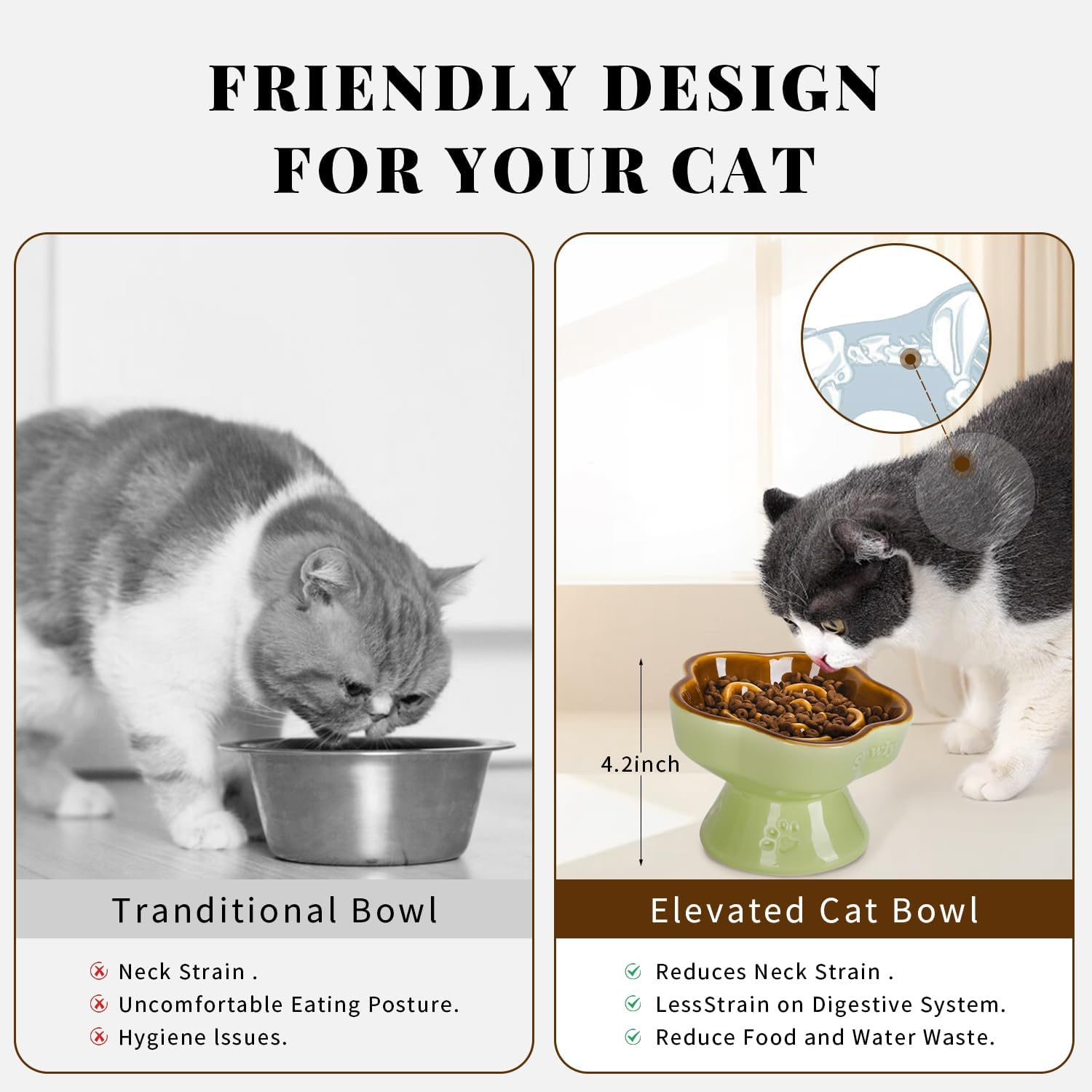 S&Q'S Ceramics Raised Slow Feeder Cat Bowl, Ceramic Elevated Cute Pet Food Bowl Small Dogs Slow Feeder, Flower Shaped Cute Cat Dish for Dry and Wet Food (Brown, 5.8")