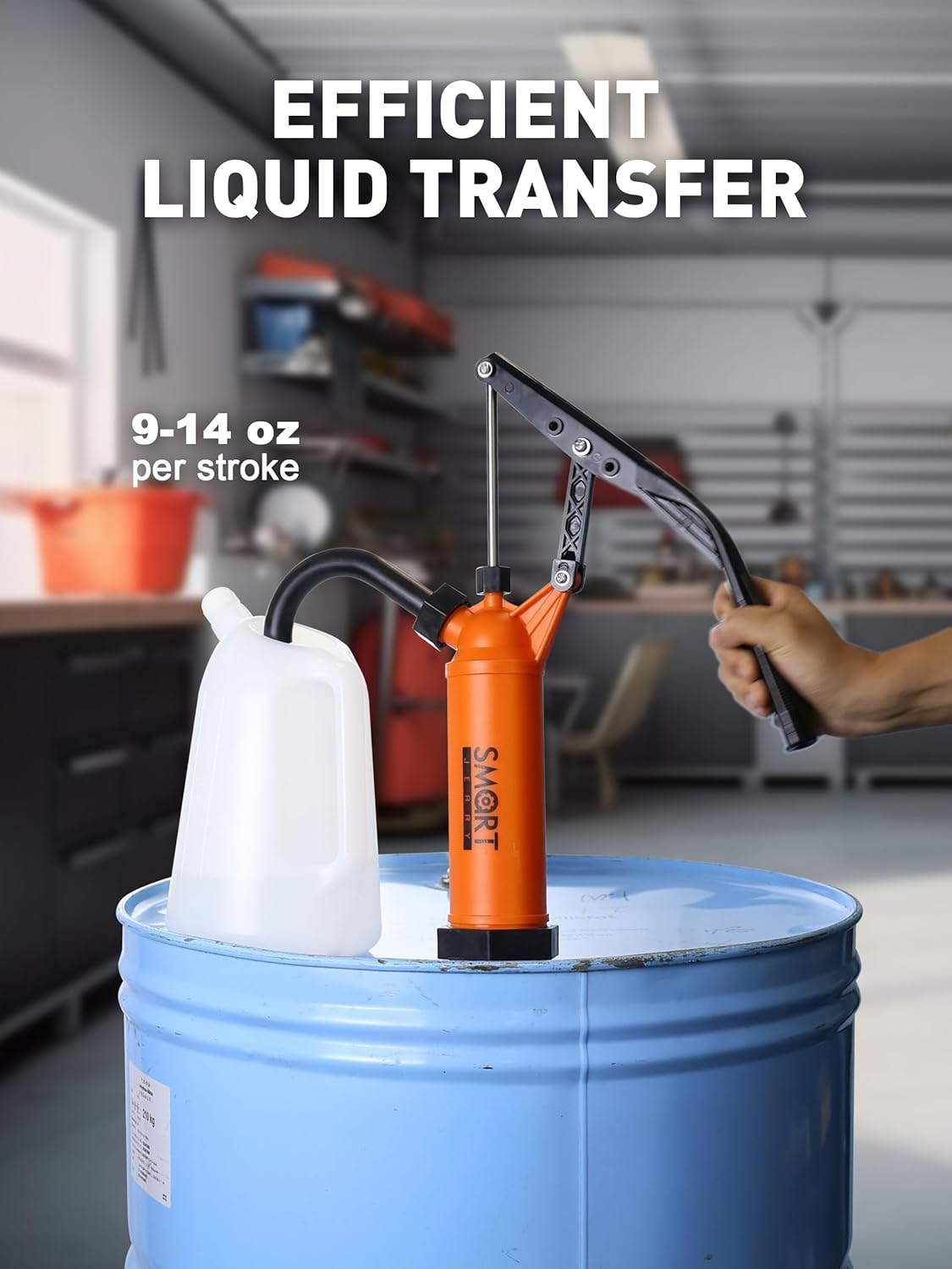 SMART JERRY - 55 Gallon Drum Pump | Heavy Duty Manual Barrel Pump for Water, DEF & Corrosive Liquids | 9-14 Oz per Stroke Lever Action Design​ | Fits 5-55 Gallon Drums image number 4