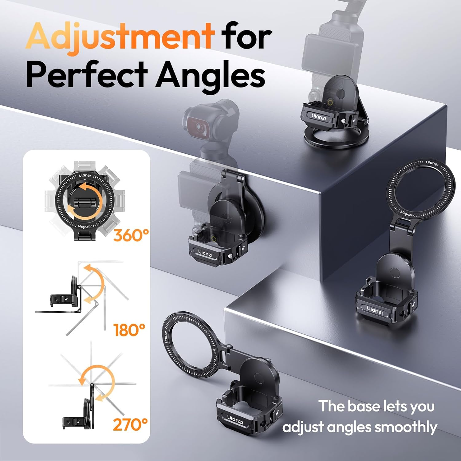 ULANZI PM01 Magnetic Expansion Adapter Compatible with DJI OSMO Pocket 3, Aluminium Magnetic Mount Stand with Cold Shoe and 1/4'' Mount, 181/270/360&deg; Adjustment Magnetic Adapter Pocket 3 Accessories