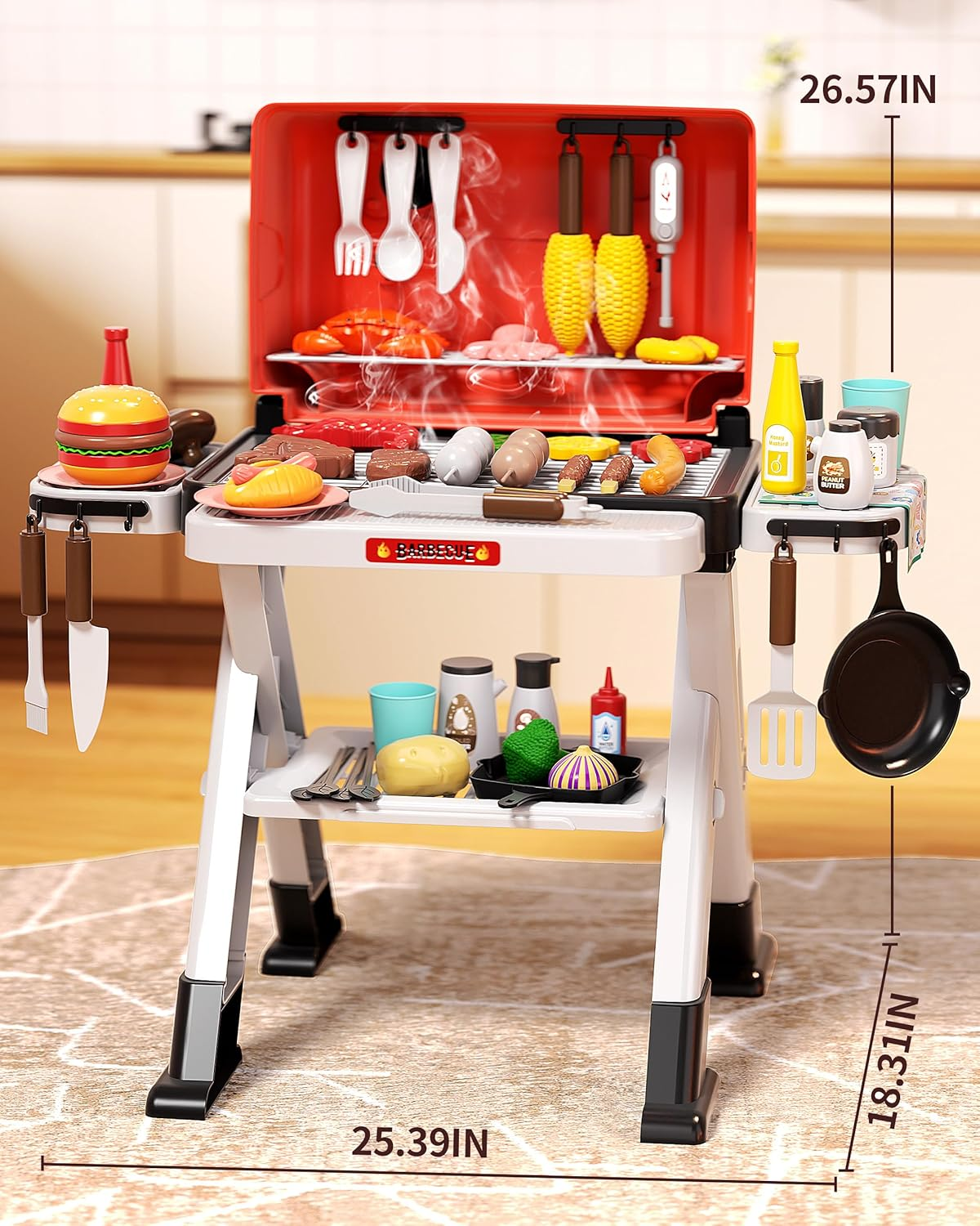 Kids Play Kitchen Toys, Outdoor BBQ Grill Playset with Smoke Sound & Light, Pretend Food Toys Barbecue Cooking Set for Toddlers Boys Girls 3 4 5 6 7 8 image number 6