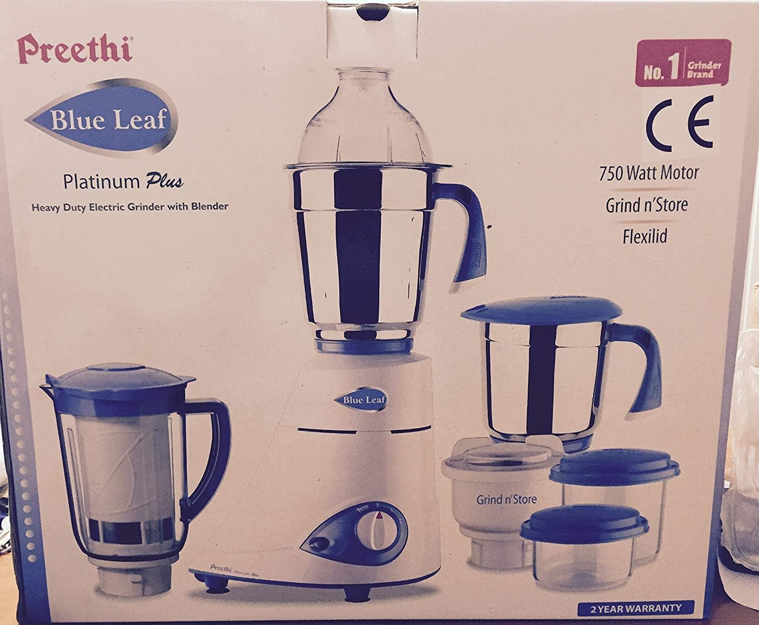 Preethi Blue Leaf - Platinum plus Wet and Dry Heavy Duty Electric Grinder - 750 Watts / 100% Stainless Steel Jars and Blades Free UK Postage