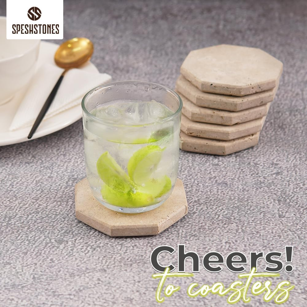 SPESHSTONES Travertine Coasters Set of 6 for Drinks 3.75 Inch Handmade Marble Stone Drink Coaster for Coffee Table, Dining & Kitchen Decor, Home & Office Essentials image number 3
