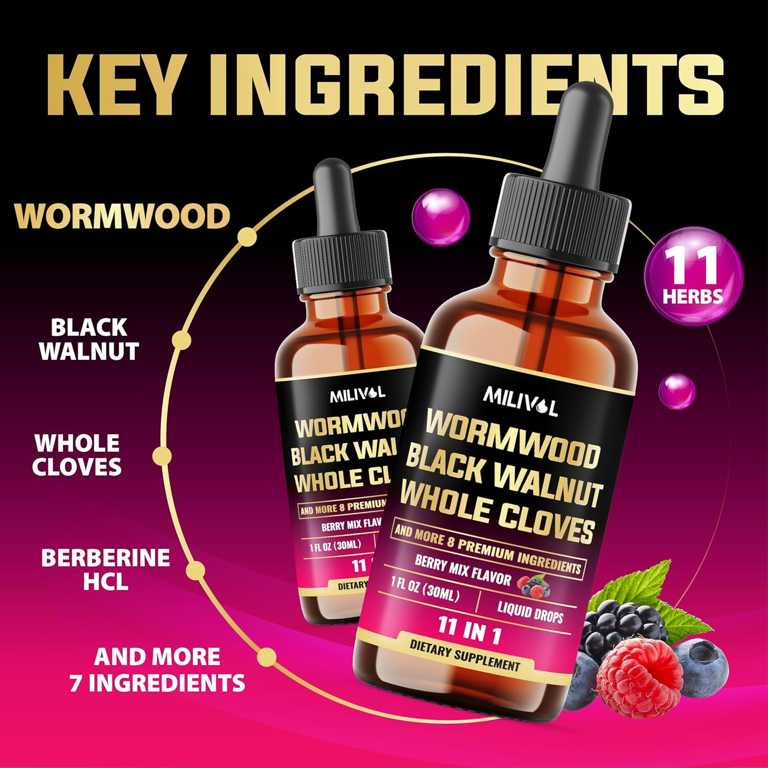 11In1 Black Walnut Wormwood Tincture Extract with Whole Cloves, Berberine and 8 More - 2 Months Supply - 1 Fl Oz - Berry Mix Flavor image number 5