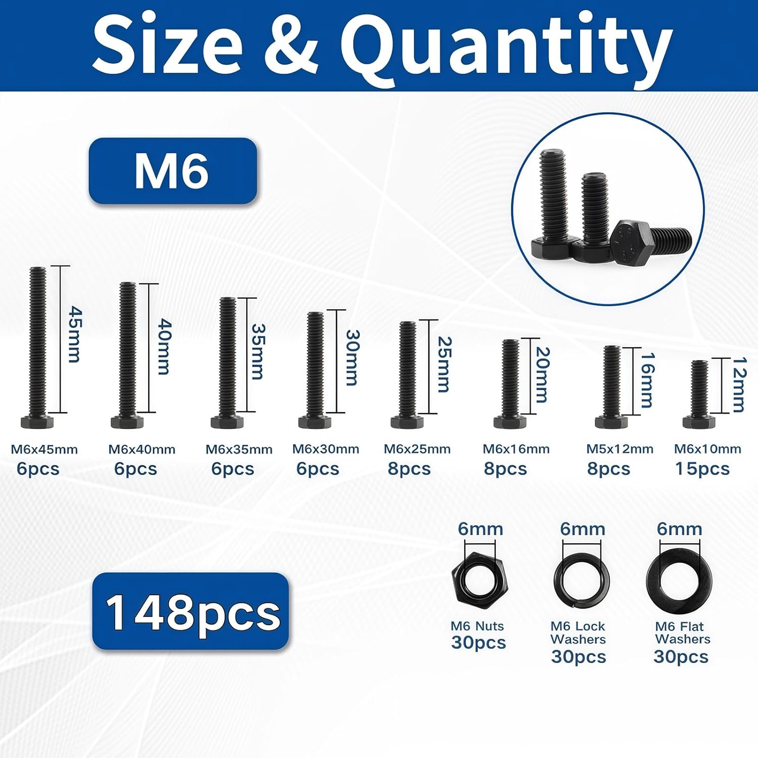 Zmbroll M6 Hex Bolts and Nuts Kit 148Pcs External Hex Head Cap Metric Machine Screws M5X12/16/20/25/30/35/40/45Mm 8.8 Grade Alloy Steel Black Screws Heavy Duty Hex Fasteners for Machinery image number 3