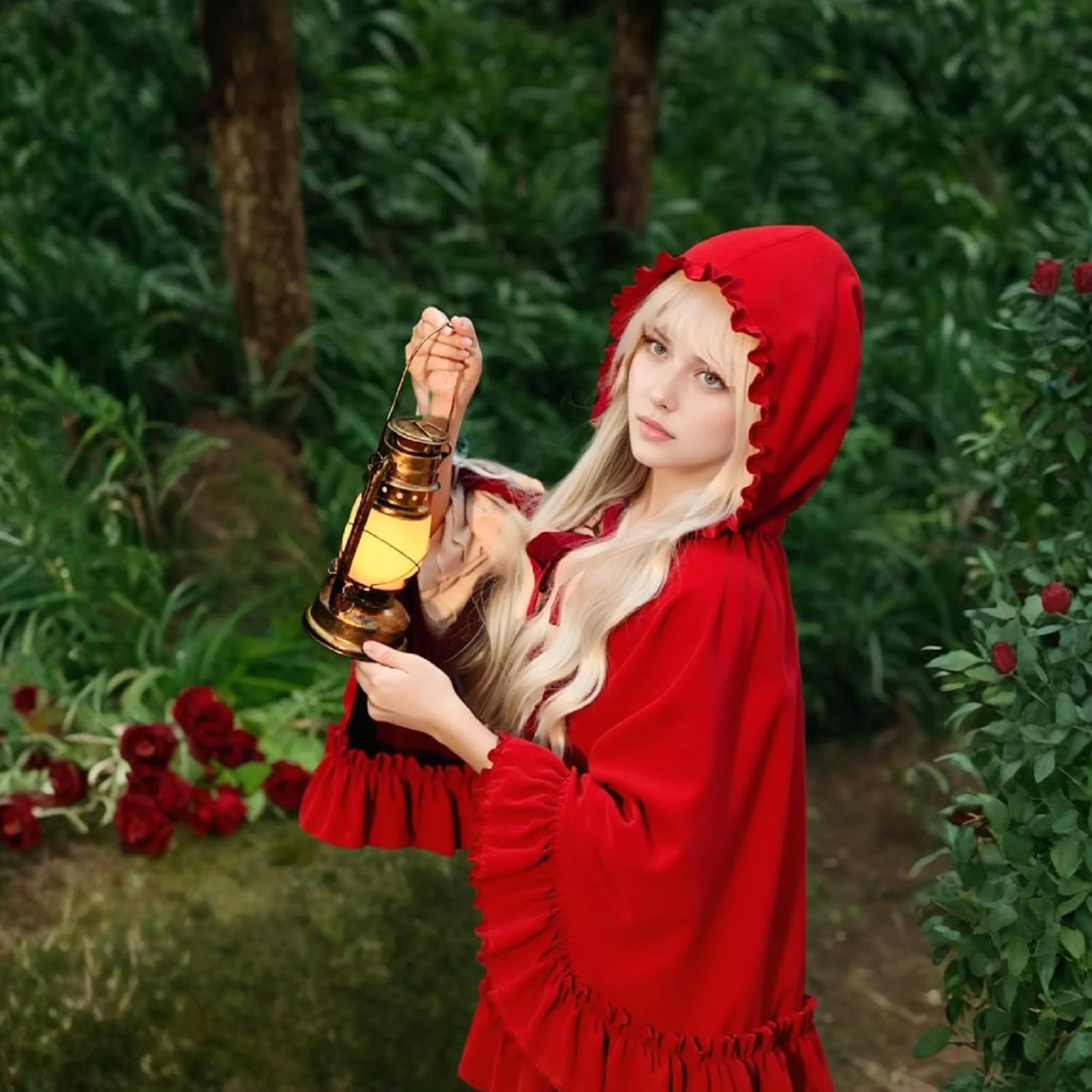 Little Red Riding Hood Cape,Adult Red Velvet Cloak with Hood Fairytale Character Halloween Costumes Accessories for Women image number 3