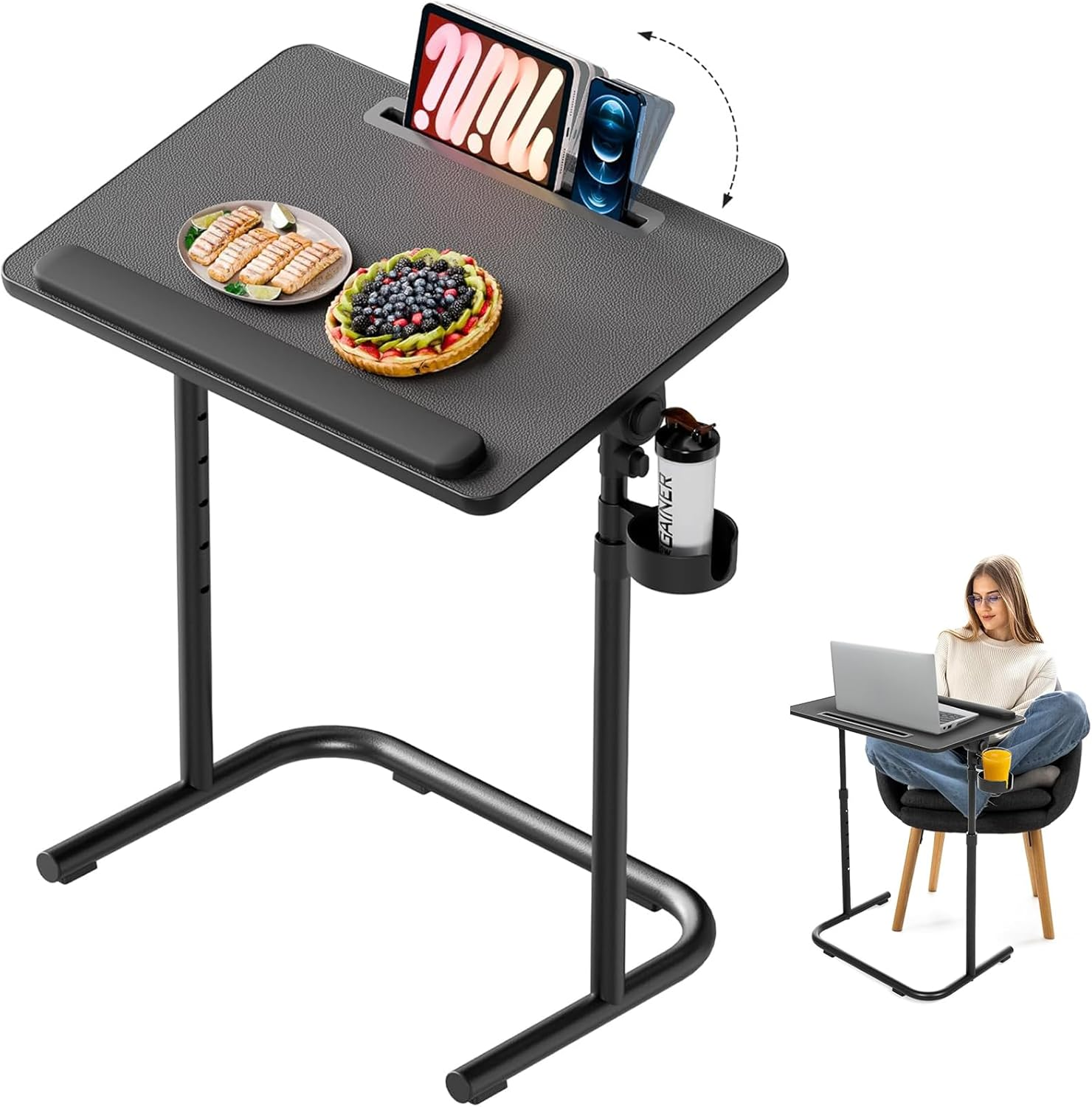 Portable Folding Snack Table with Adjustable Tray & Removable Cup Holder,Black image number 2